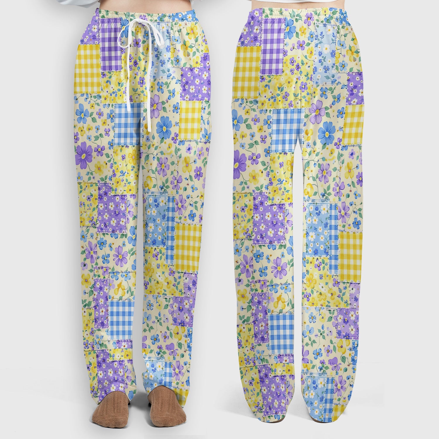 Cute Floral Patchwork Gingham Pattern Scrub Set, Women's Scrub Sets