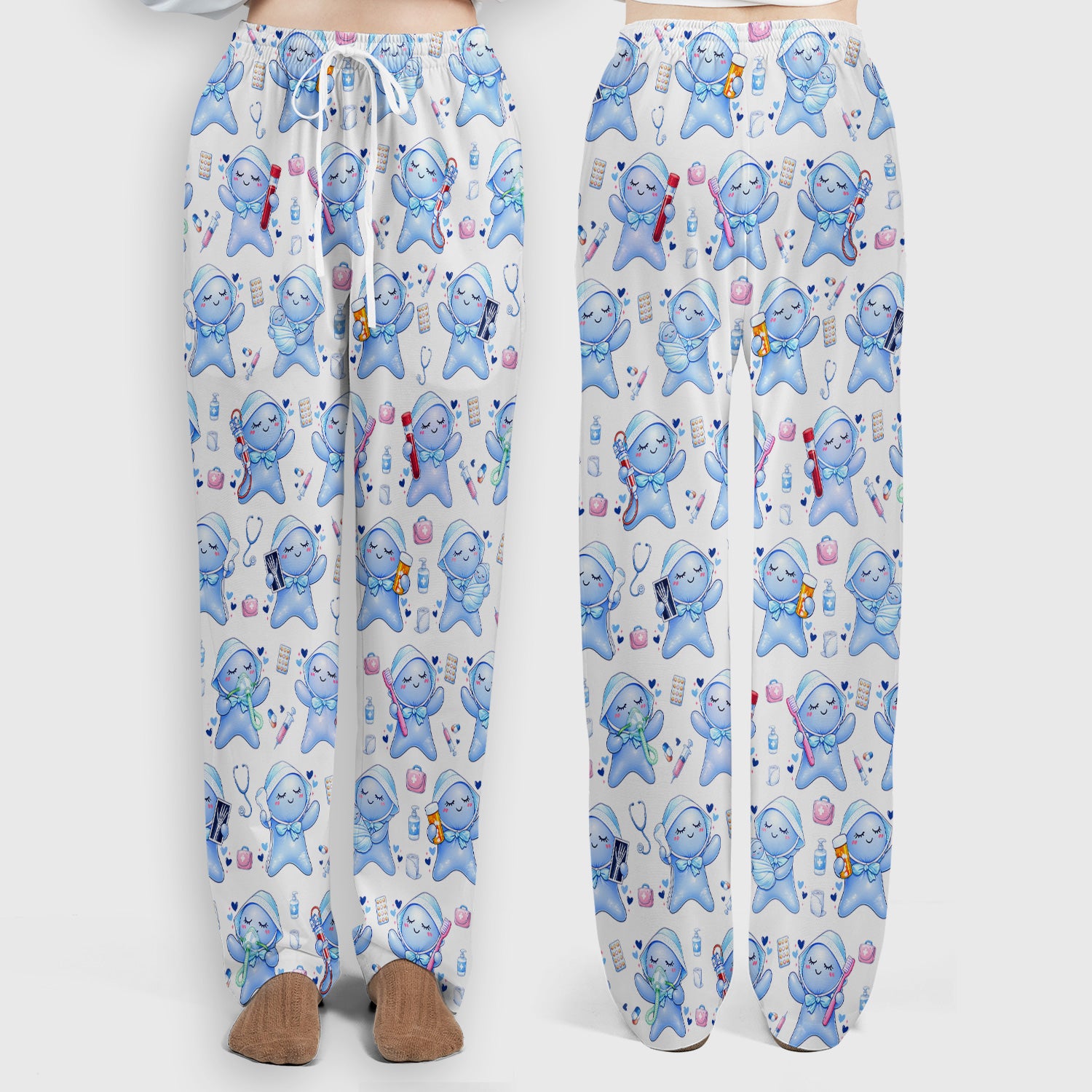 Cute Tooth Character Dental Tools Caring Pattern Scrub Set, Breathable Med Uniform