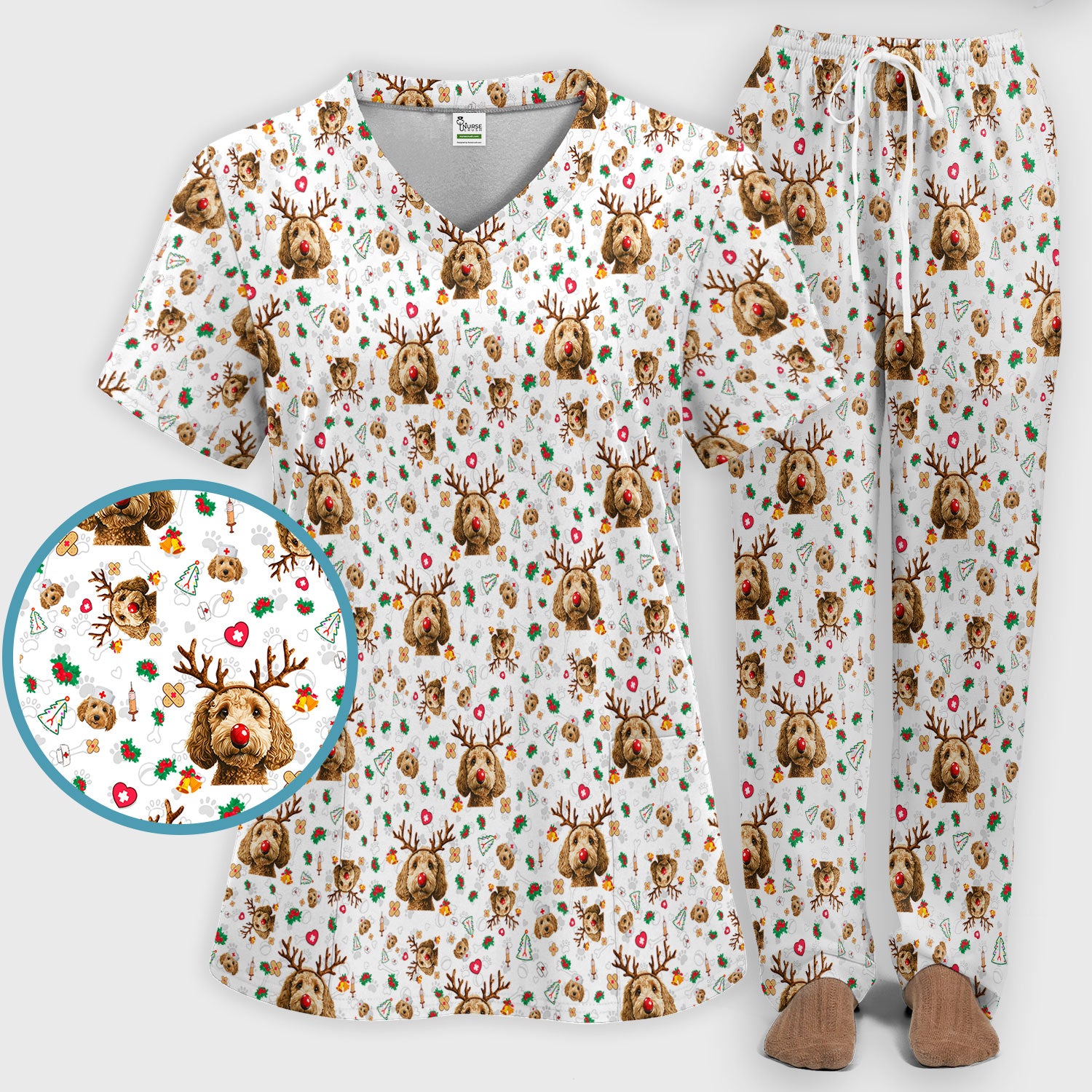 Labradoodle Reindeer Christmas Scrub Set - Funny Dog Nurse Pants and V Neck Top - Cute Holiday Medical Uniform
