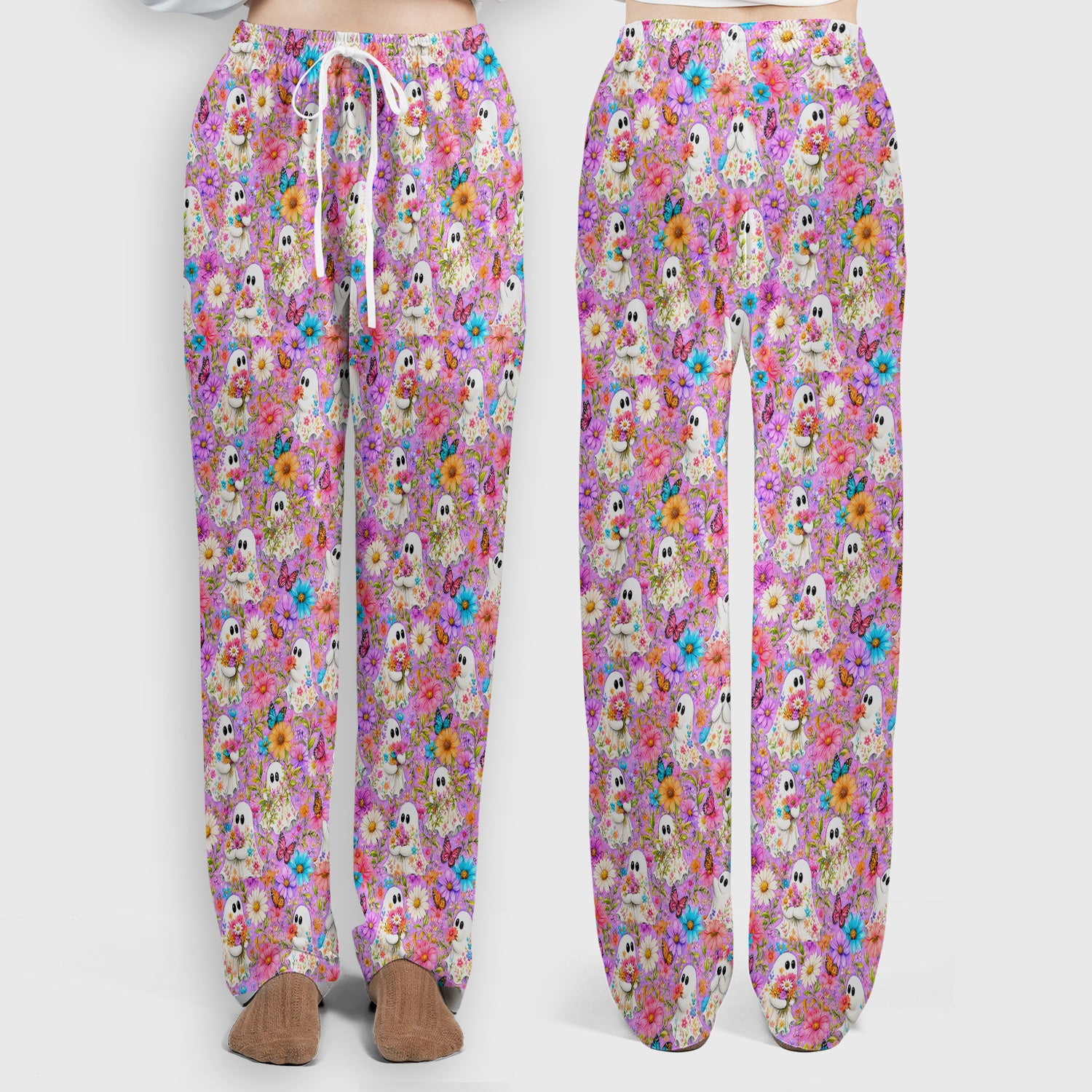 Cute Halloween Floral Ghosts And Butterflies Scrub Set, Scrub Pants and V Neck Top