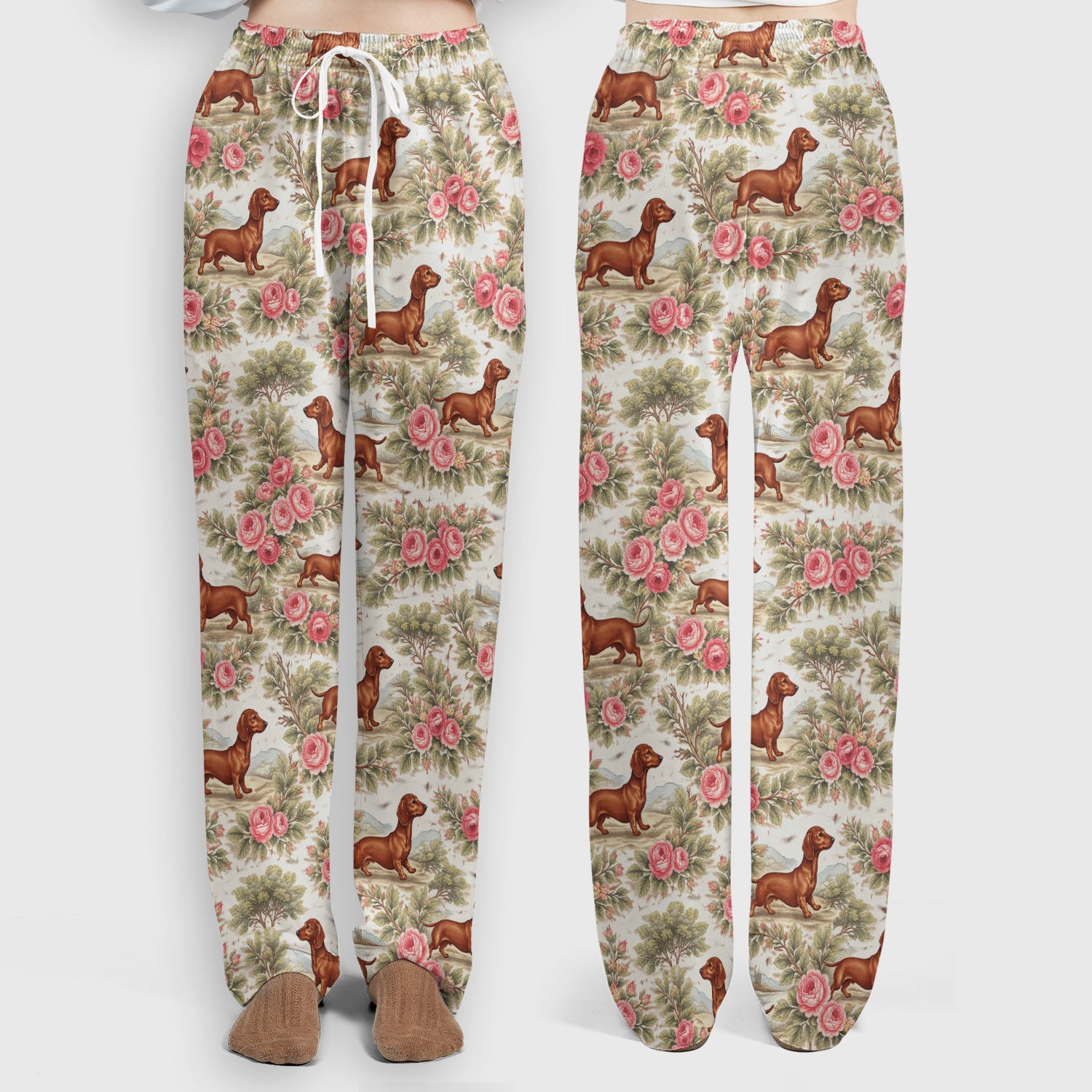 Vintage Dachshund Rose Floral Pattern Scrub Set, Scrub Pants and V Neck Top