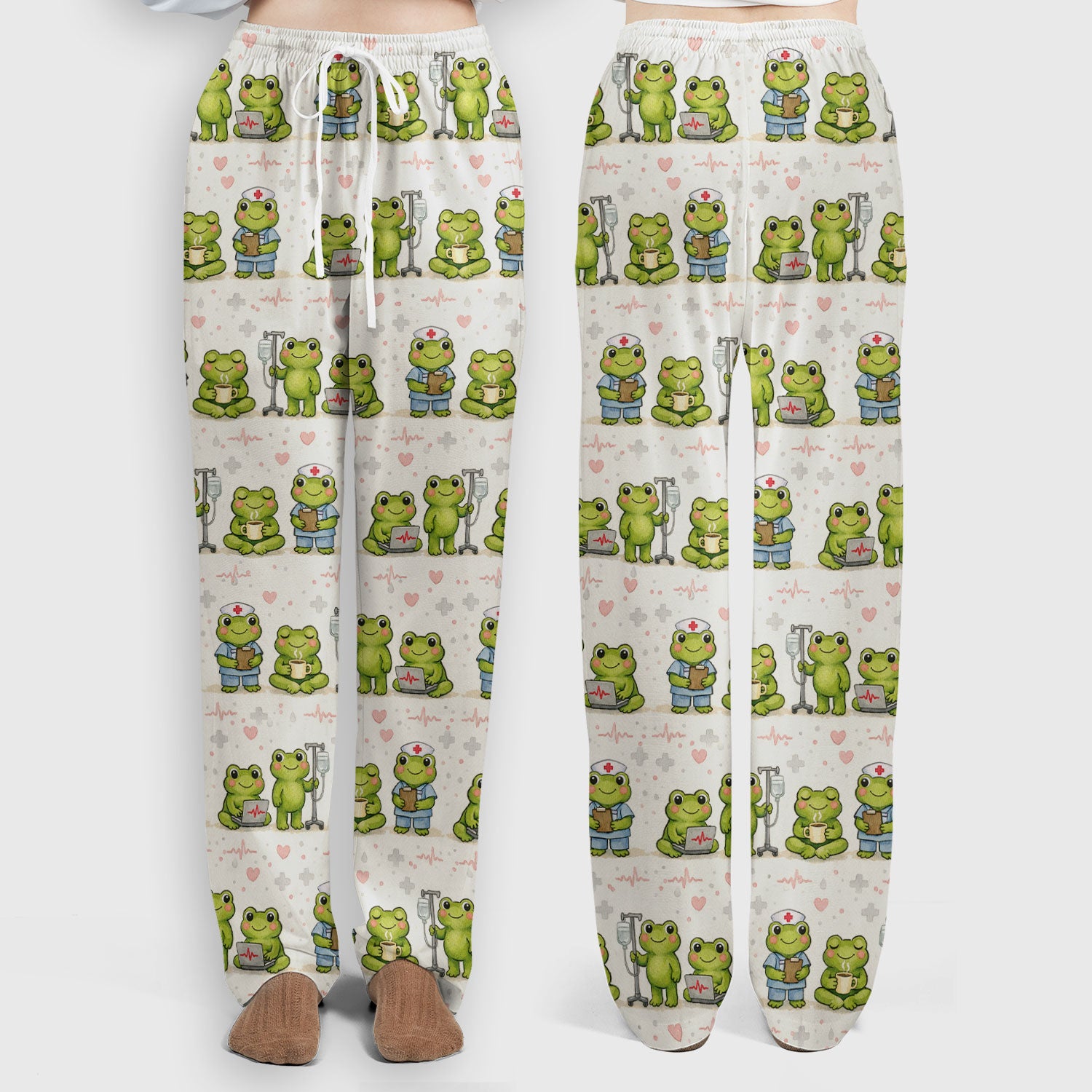 Adorable Frog Nurse Various Poses Print Scrub Set, Breathable Med Uniform