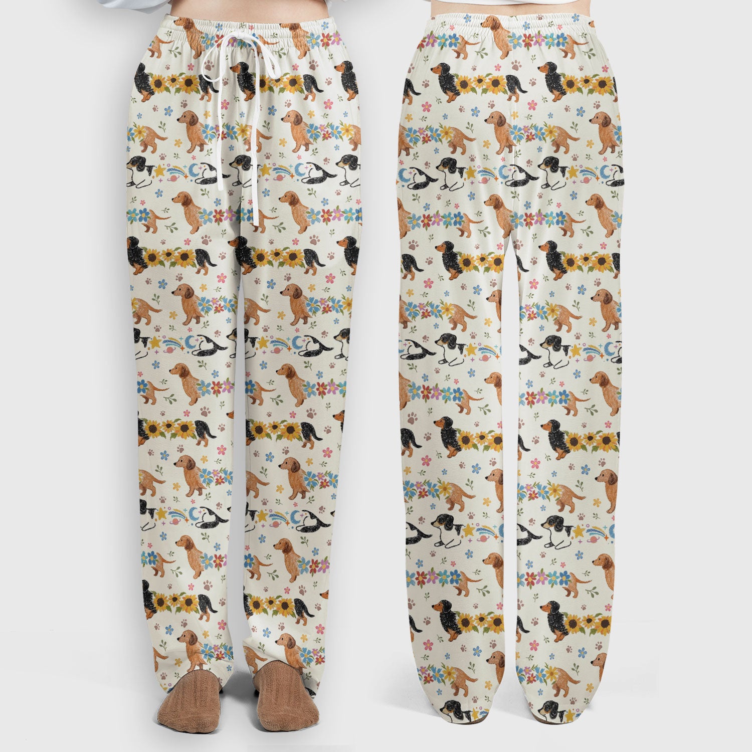 Floral Wiener Dog Pattern Scrub Set, Scrub Pants and V Neck Top