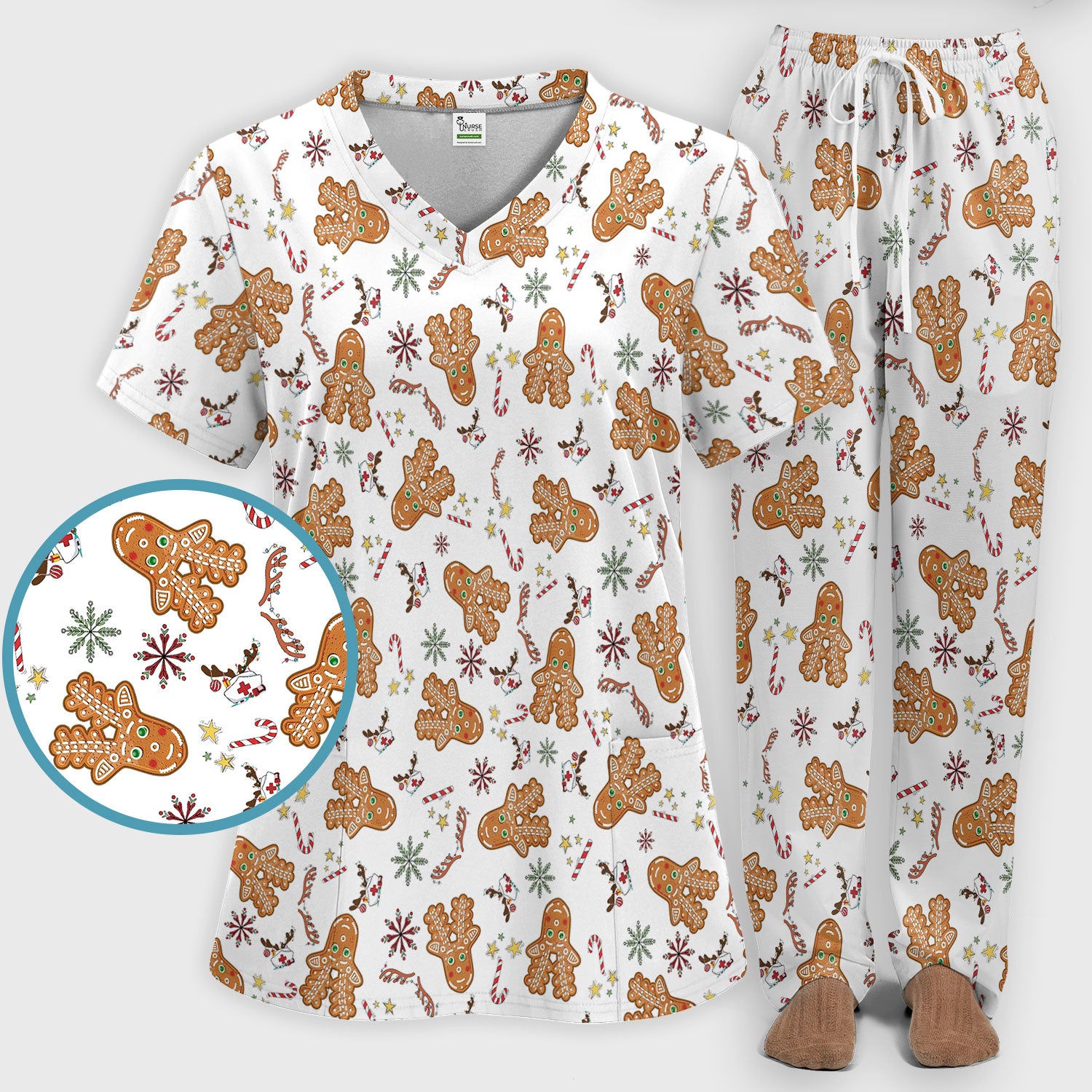 Gingerbread Cookies Reindeer Women's Scrub Sets - Comfortable Scrubs for Nurses - Funny Christmas Med Uniform