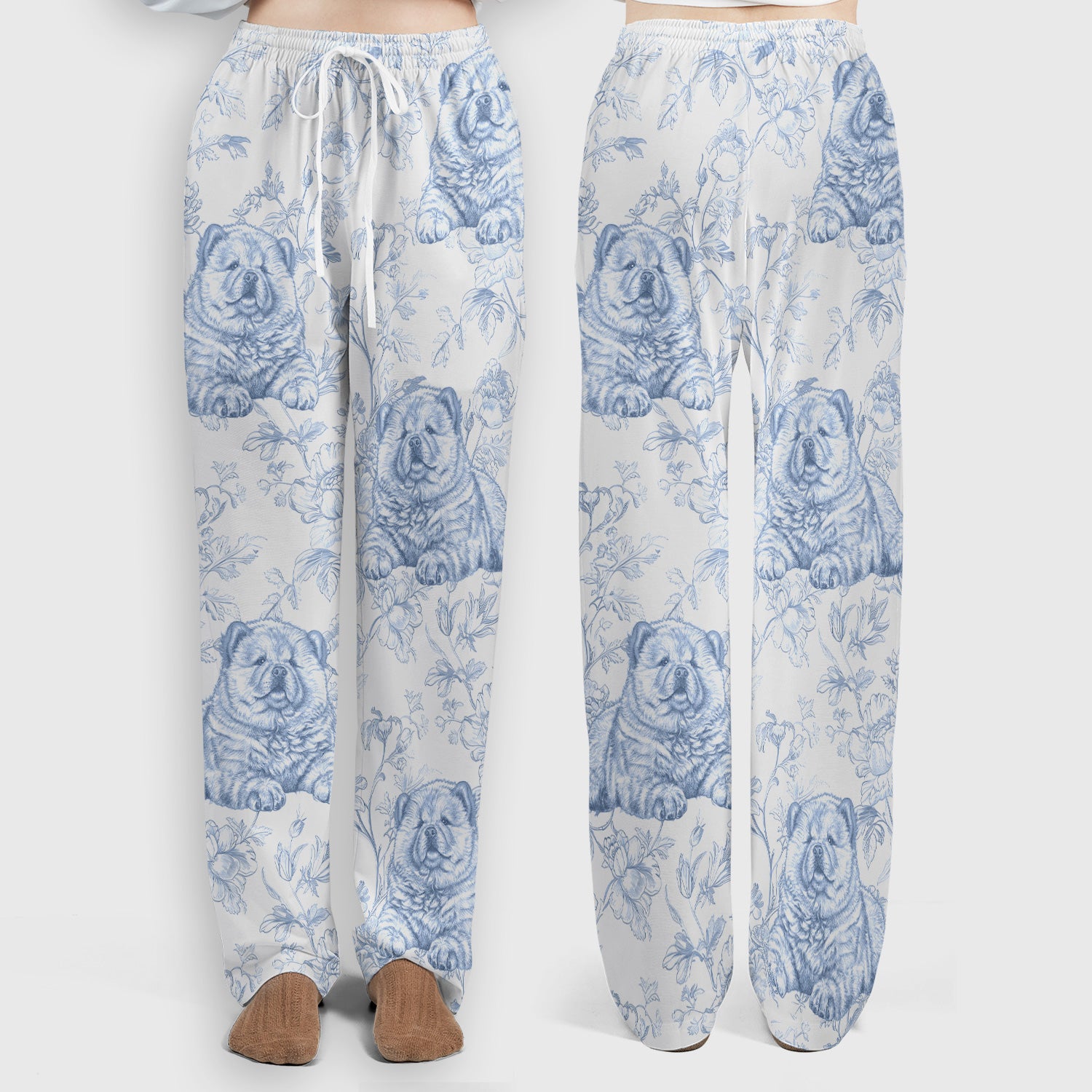 Custom Dog Cat Style Chinoiserie Pattern Scrubs Sets, Scrub Pants and V Neck Top