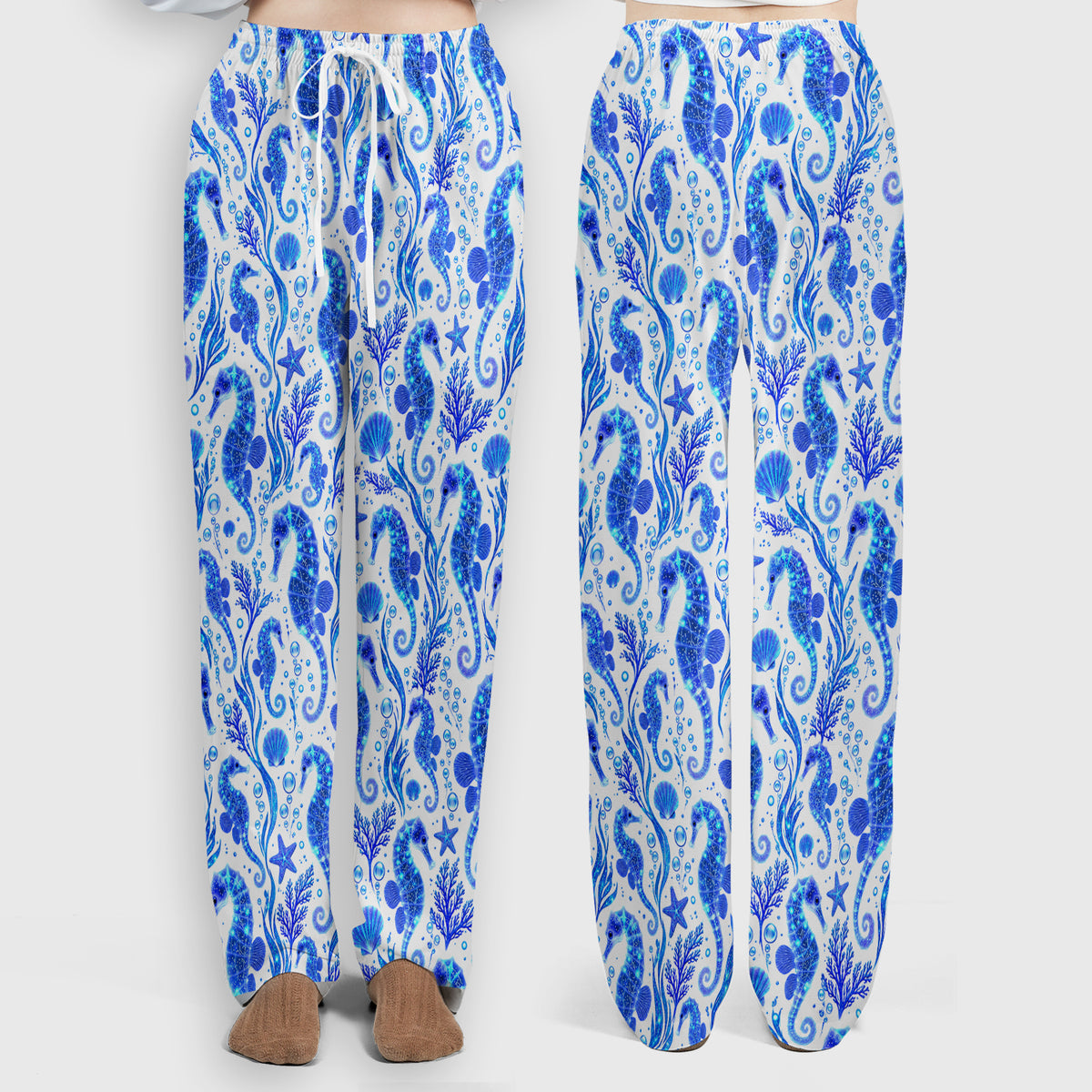 Blue Ocean Seahorse Pattern Scrub Set, Scrub Pants and V Neck Top