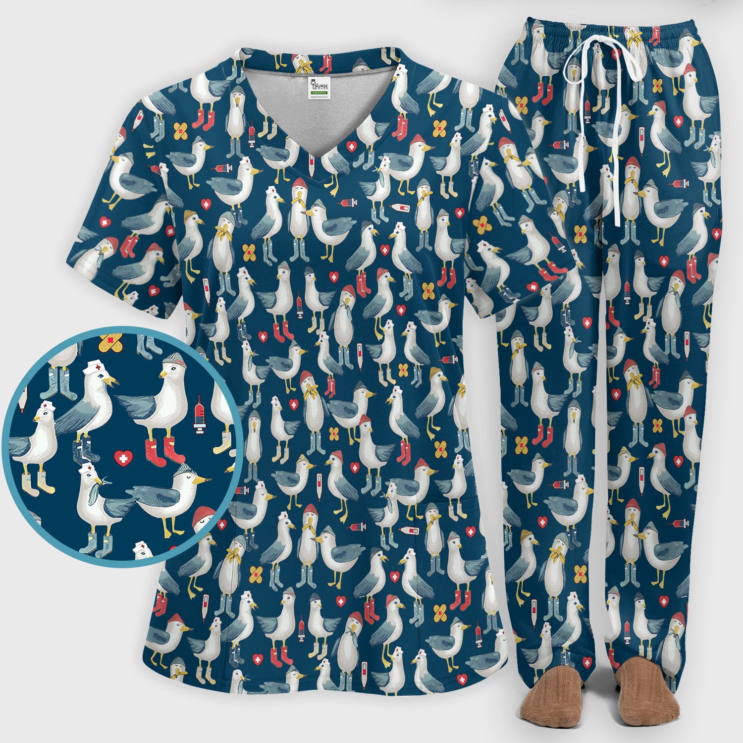 Seagull Scrub Set for Nurses - Adorable Birds Medical Uniform - Funny Scrubs Pants and V Neck Top for RN CNA LPN
