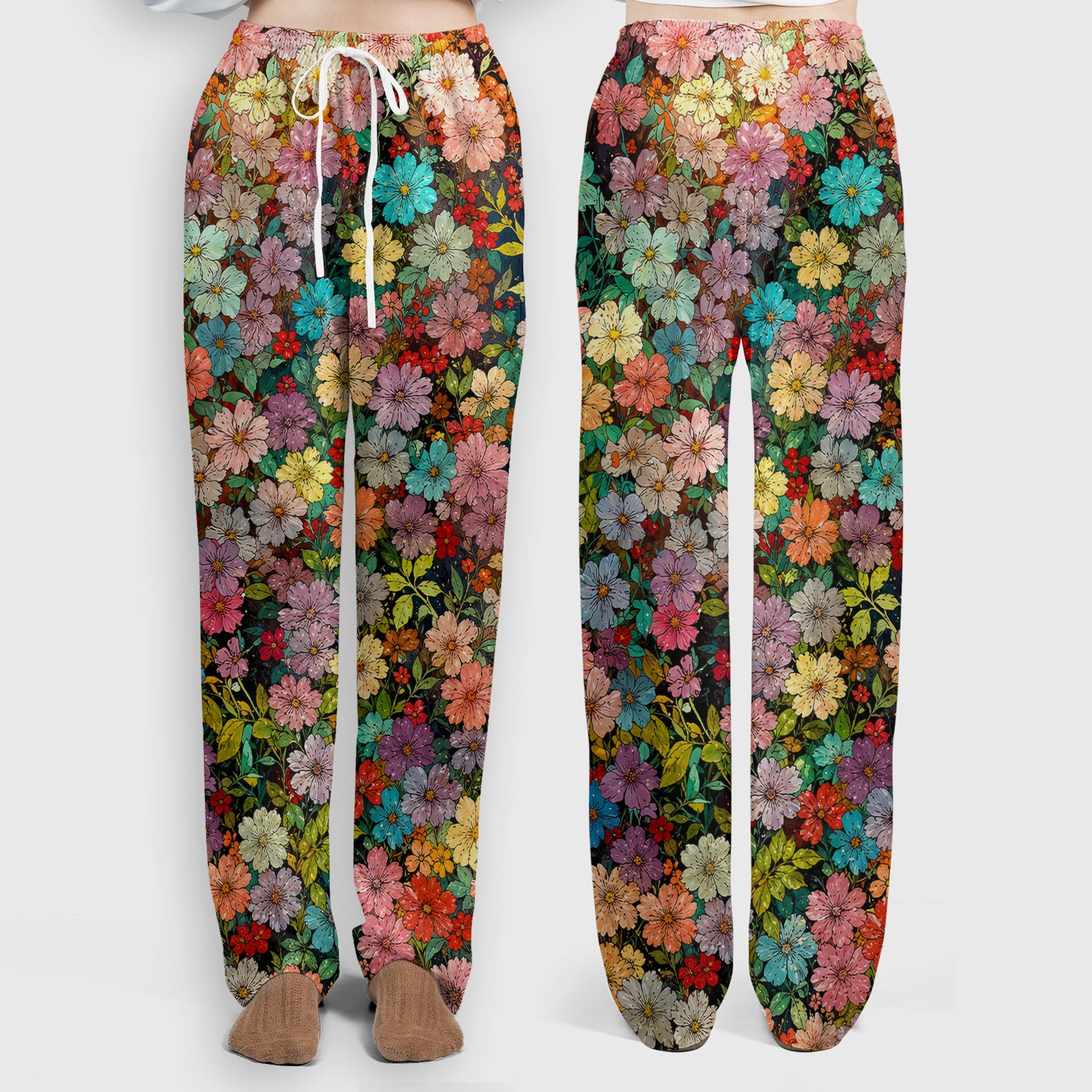 Colorful Wildflower Garden Bloom Pattern Scrub Set, Scrub Pants and V Neck Top