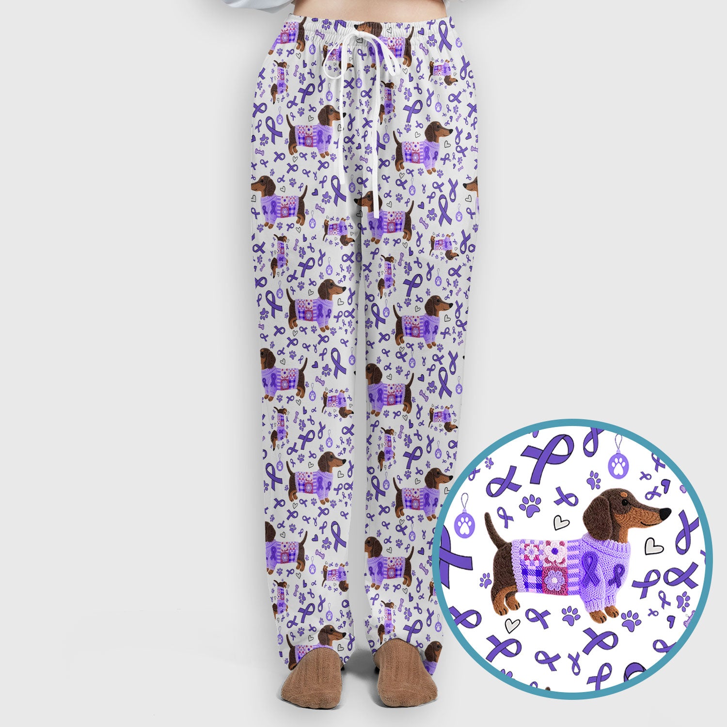 Purple Ribbon Dachshund Scrub Sets - Cute Awareness Dog Paw Prints Scrub Pants and V Neck Top - Support Lupus Cancer Med Uniform