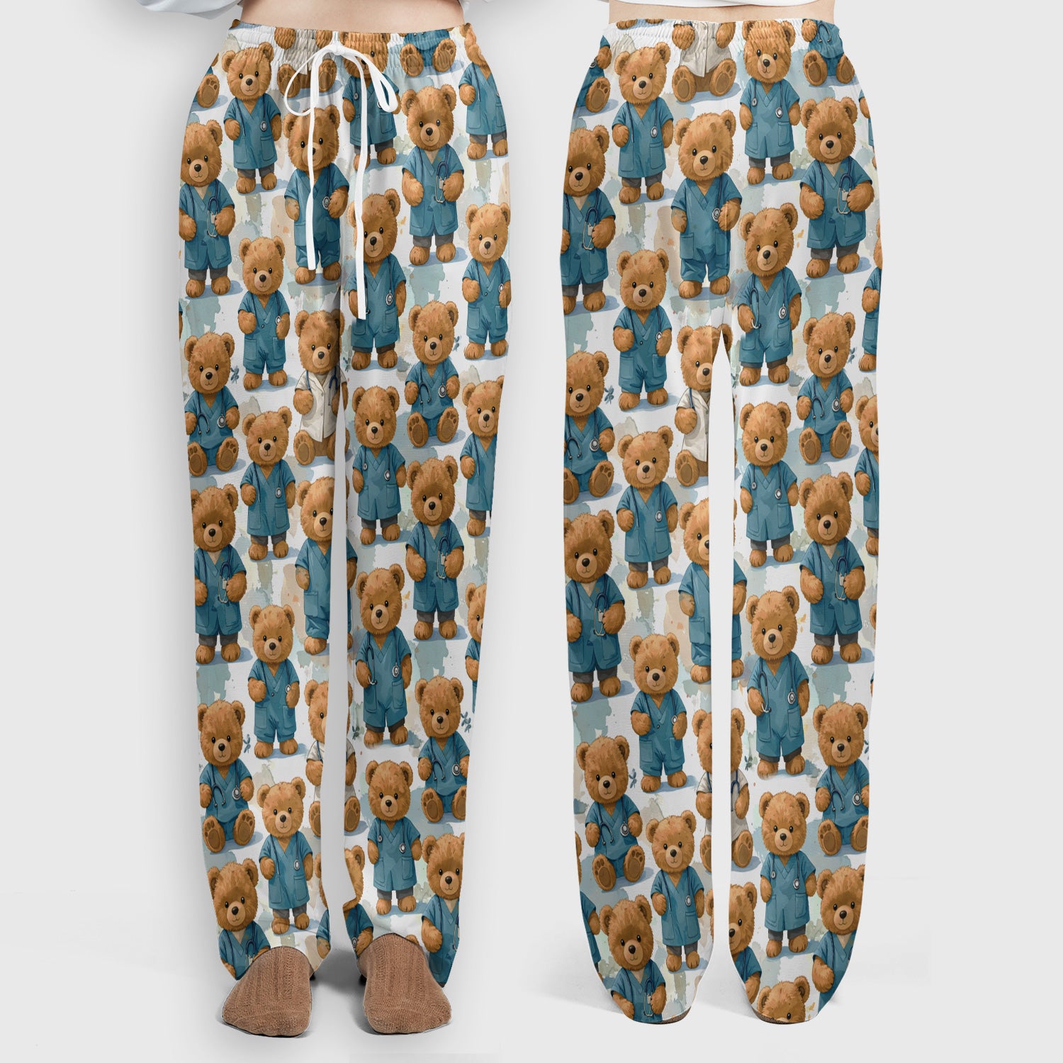 Teddy Bear Doctor Character Pattern Scrub Set, Scrub Pants and V Neck Top