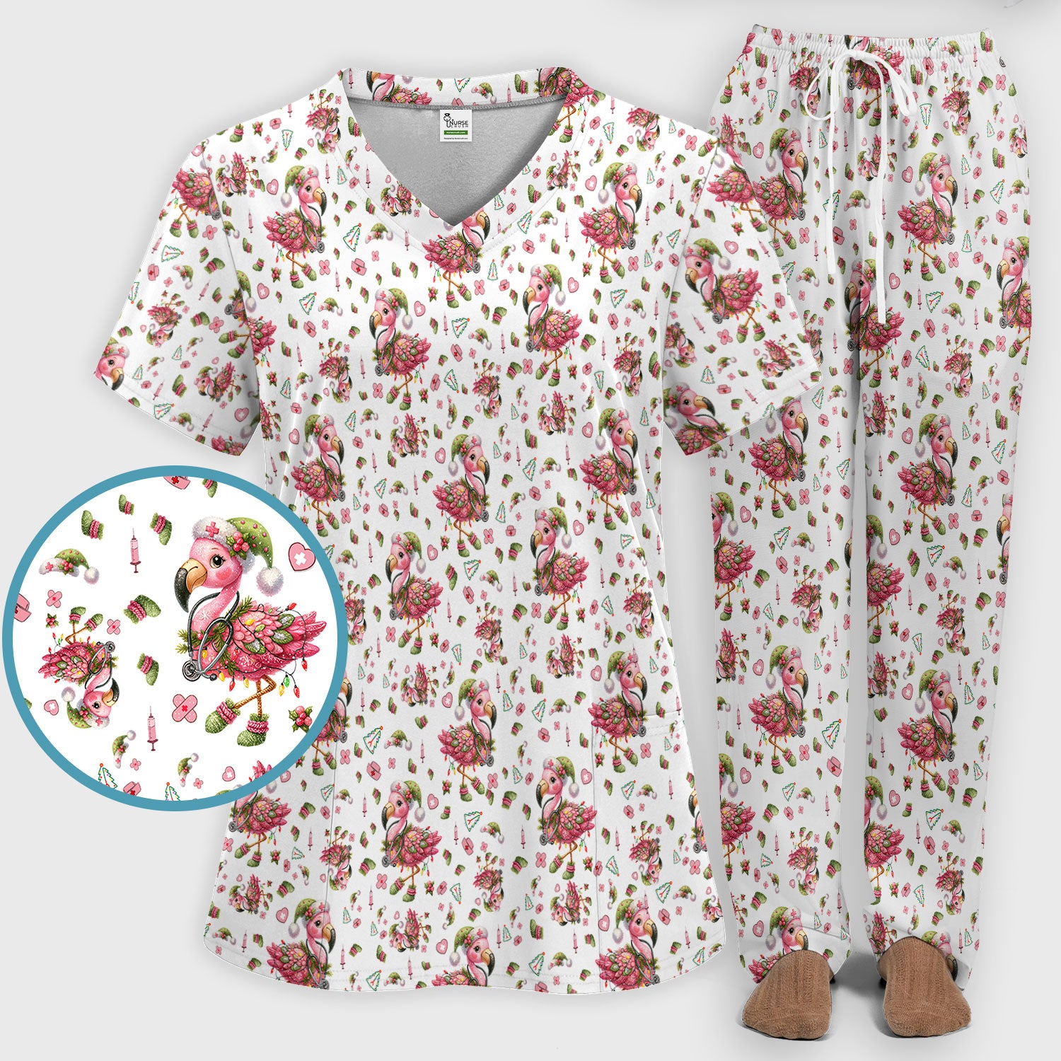Pink Flamingo Christmas Scrub Set - Cute Flamingo Scrubs Pants and V Neck Top - Fun Christmas Medical Uniform