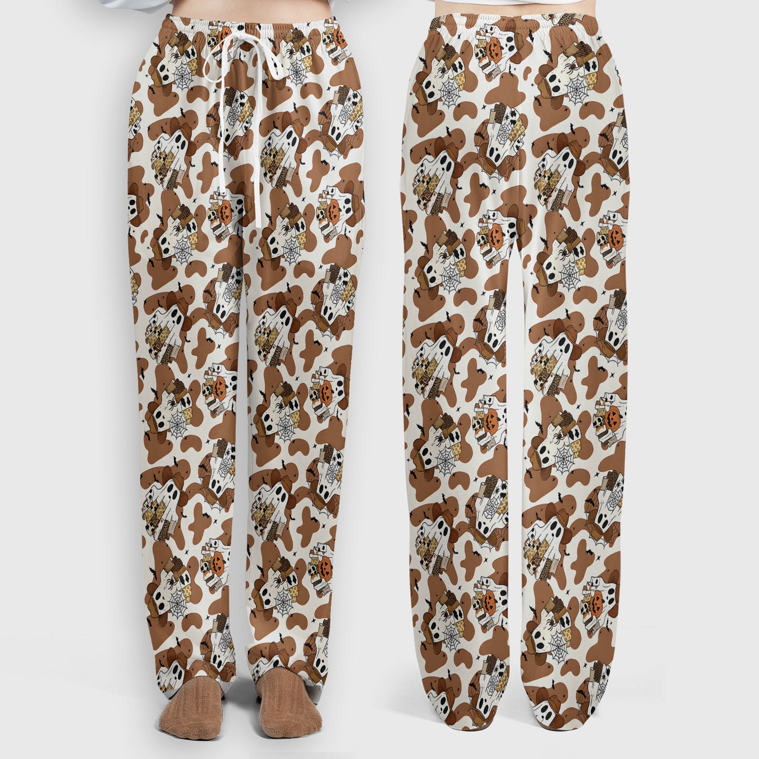 Halloween Cow Ghost Print Scrub Set, Scrub Pants and V Neck Top