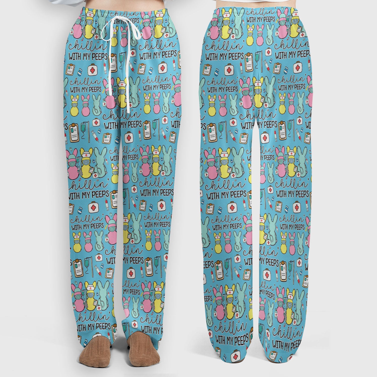 Cute Bunny Nurse Chillin With My Peeps Scrub, Women's Scrub Sets