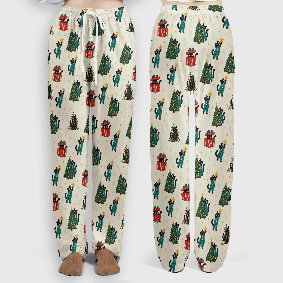 Christmas Black Nurse Cats And Trees Scrub Set, Scrub Pants and V Neck Top
