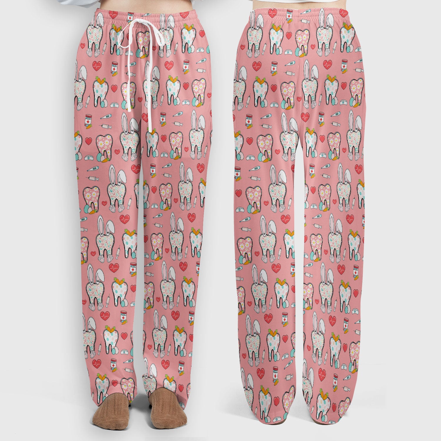 Playful Bunny Dentist Illustration Medical Set, Scrub Pants and V Neck Top