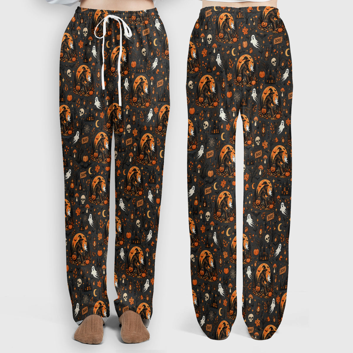 Halloween Bigfoot Ghost with Pumpkin Scrub Set, Scrub Pants and V Neck Top