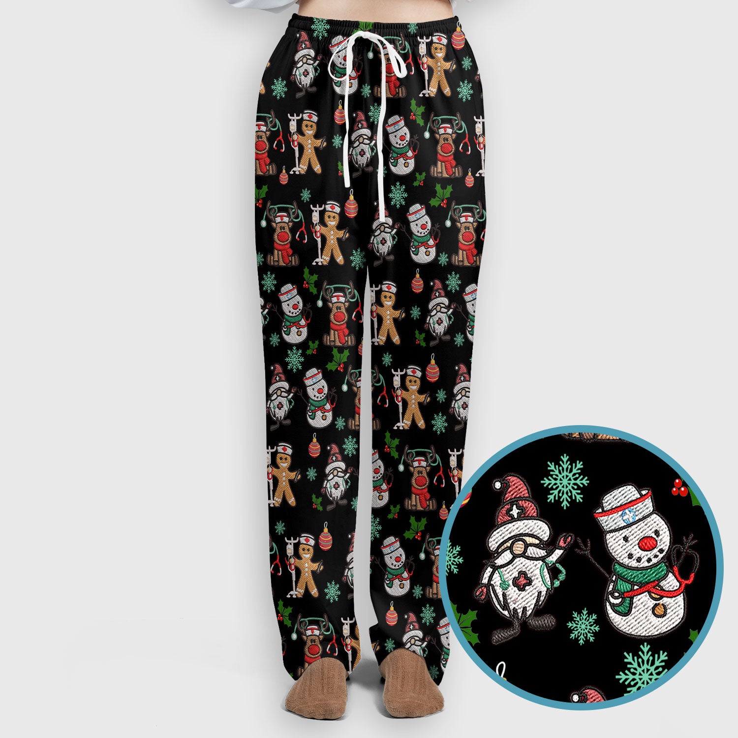 Christmas Gingerbread Scrubs Set for Women - Comfortable Scrubs for Nurses - Reindeer Santa Pants and V Neck Top