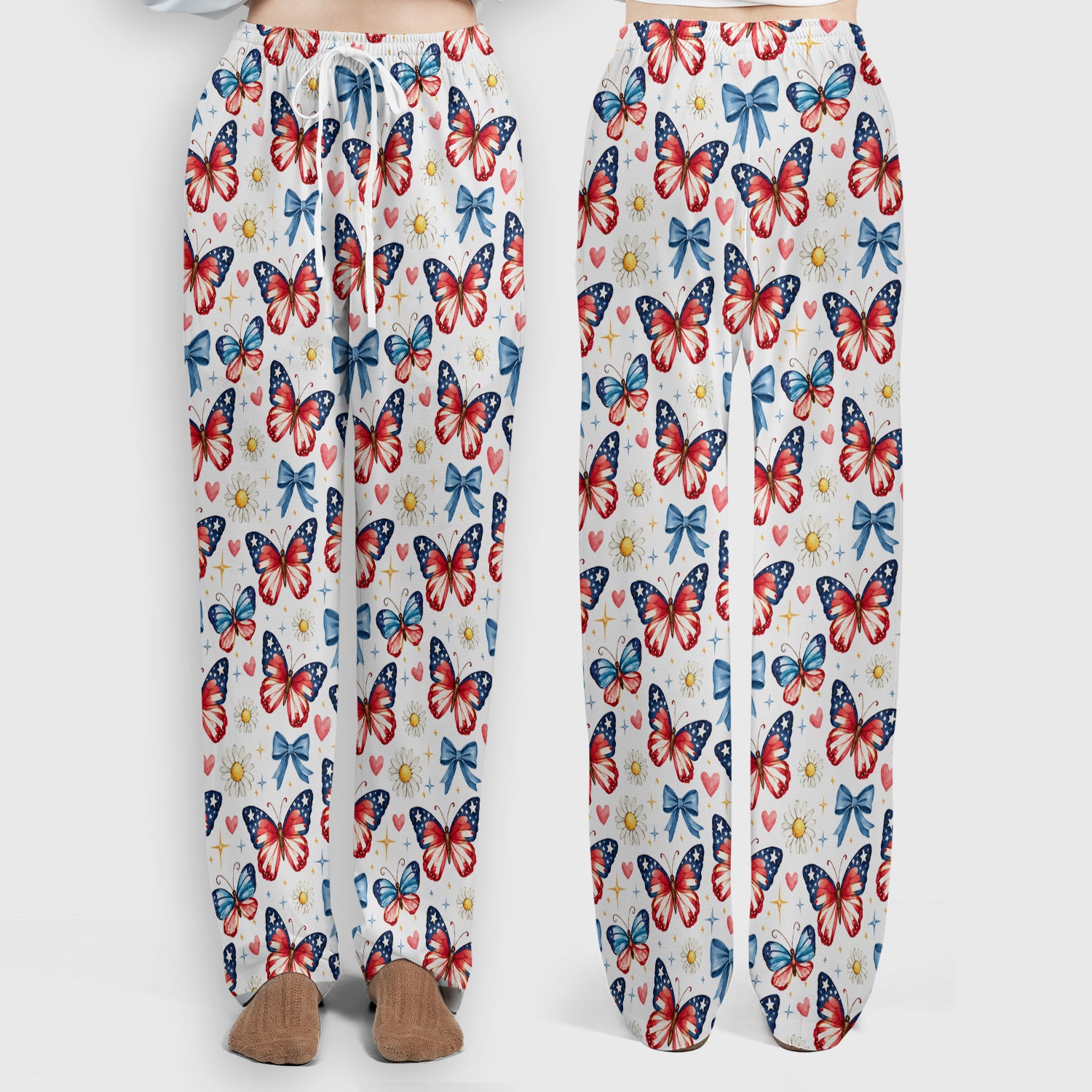 Patriotic Butterfly Bow Daisy Pattern Scrub Set, Scrub Pants and V Neck Top