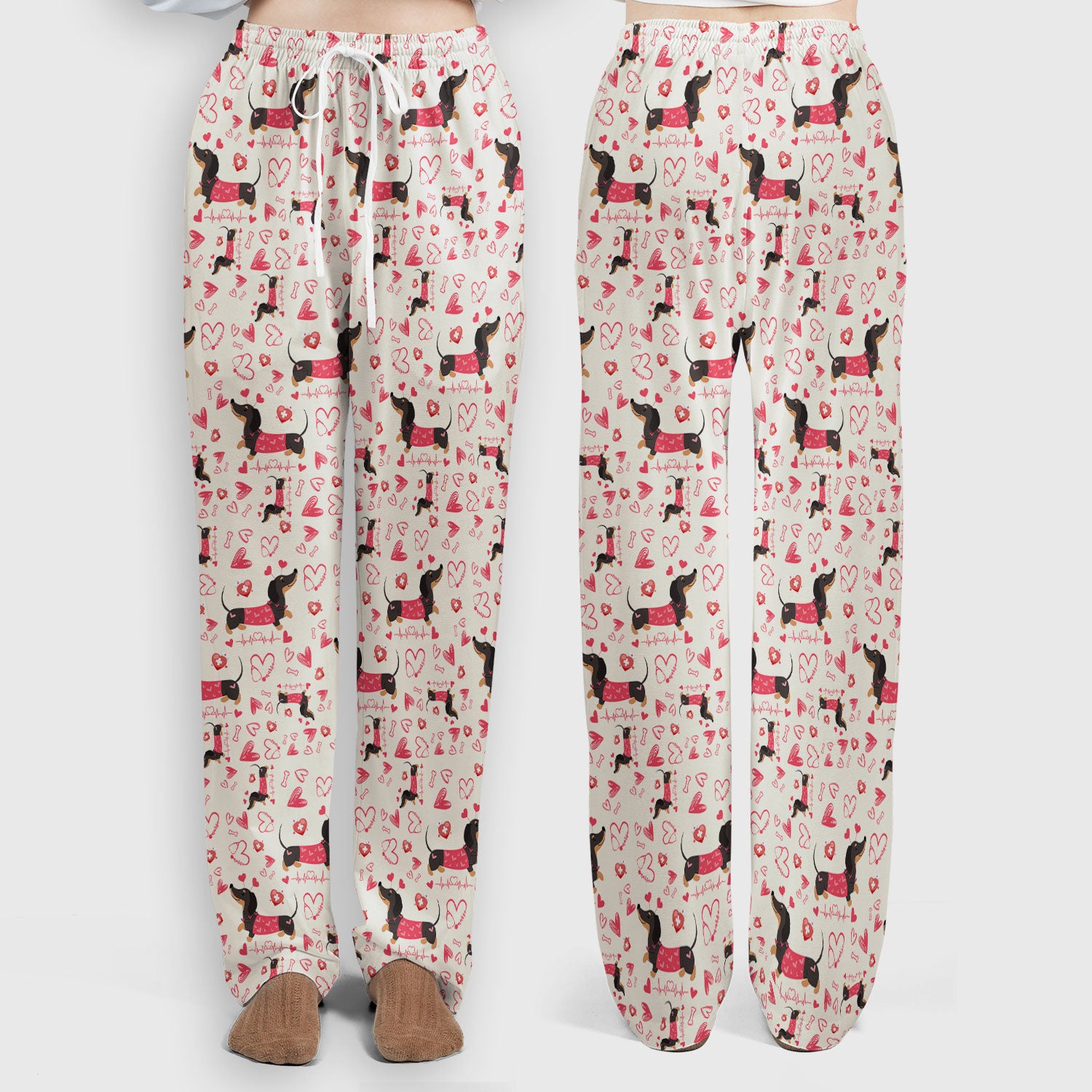 Dachshund Valentine Scrub Set, Cute Wiener Dog Heart Pattern Nurse Shirt, Breathable Fabrics Nursing Uniform