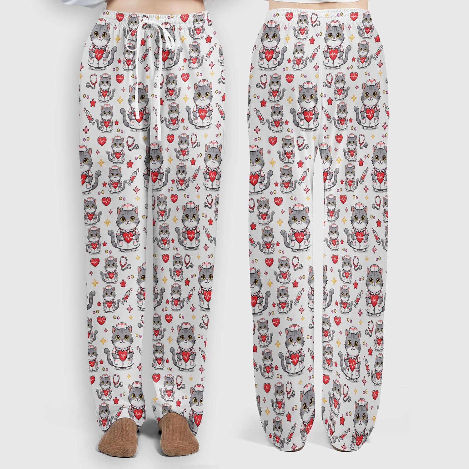 Cute Nurse Cat Heart Medical Print Scrub Set, Scrub Pants and V Neck Top