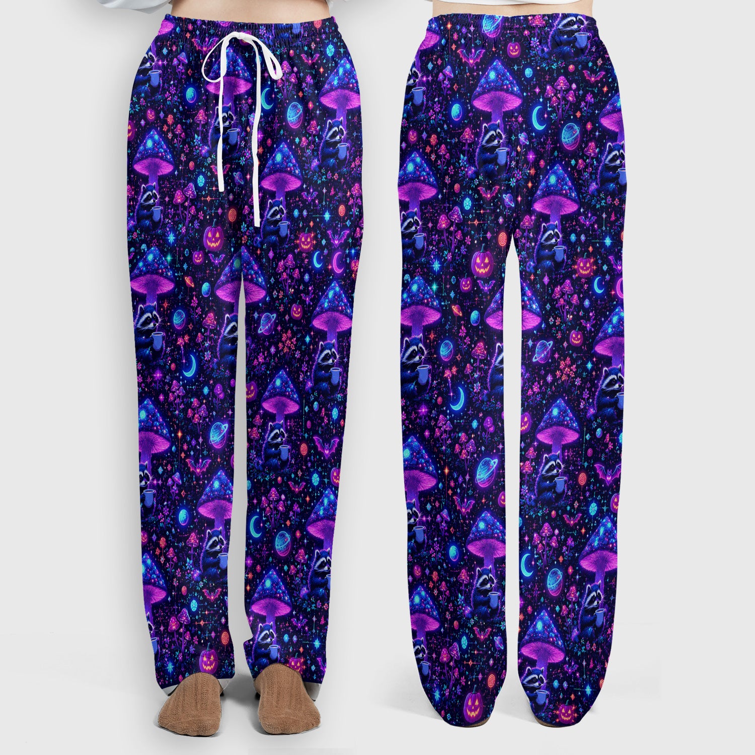 Halloween Raccoon And Mushrooms Scrub Set, Scrub Pants and V Neck Top