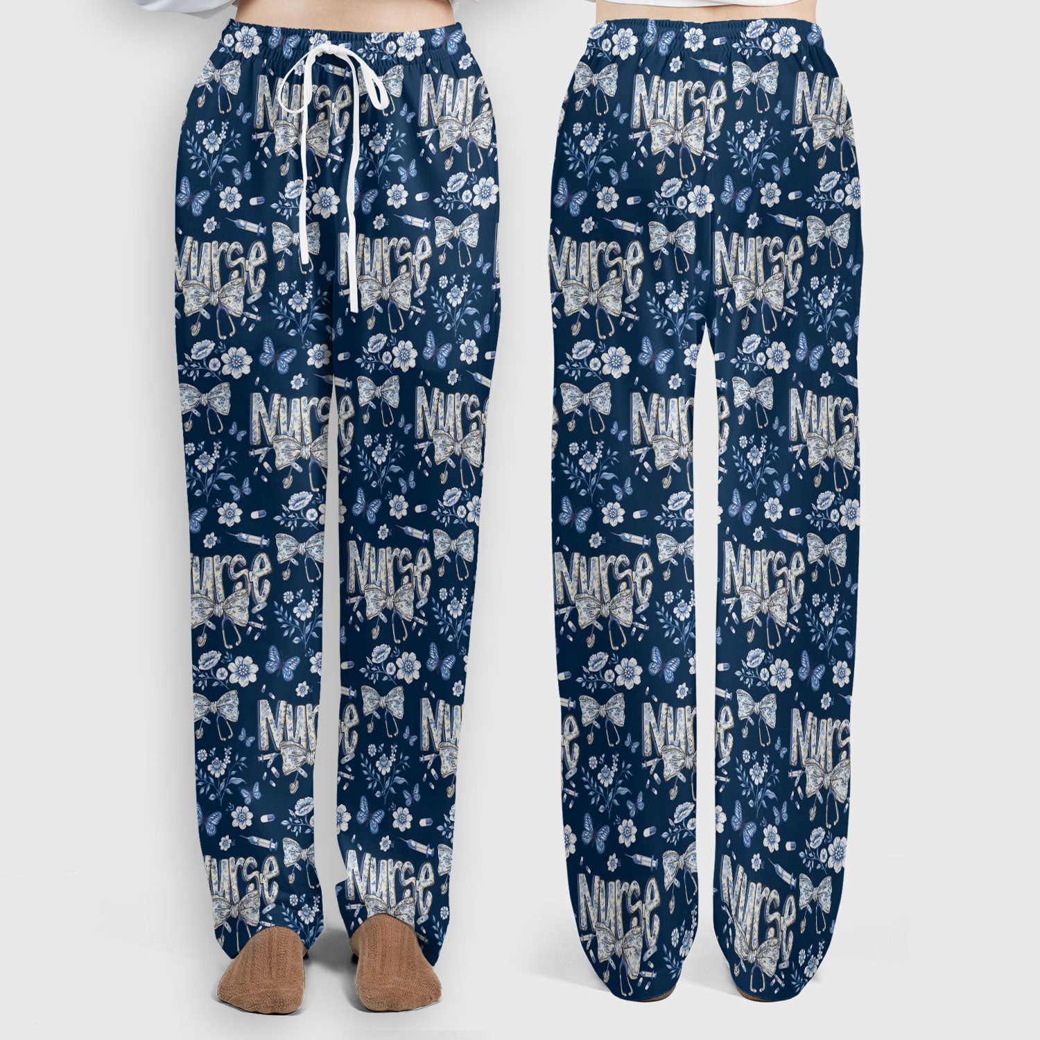 Blue Nurse Bow Butterfly Floral Pattern Scrub Set,  Breathable Med Uniform