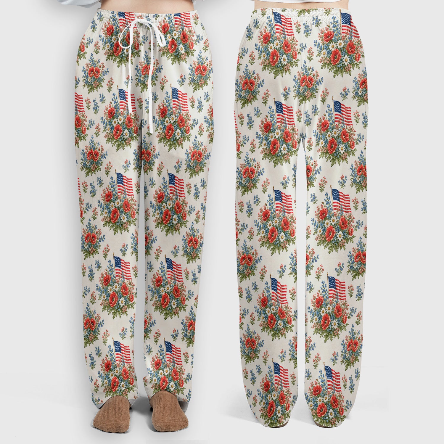 Patriotic Floral With USA Flag Pattern Scrub Set, Scrub Pants and V Neck Top