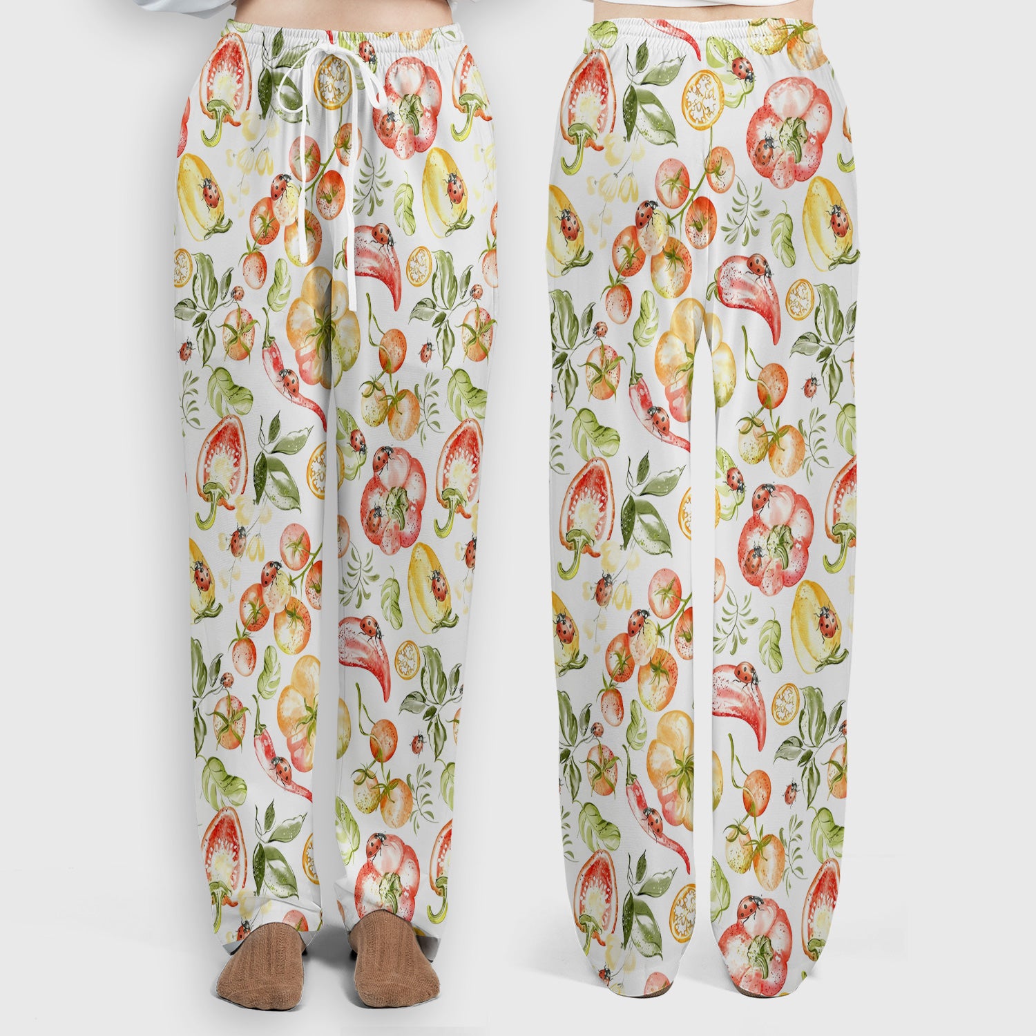 Cute Watercolor Veggie Ladybug Pattern Scrub Set, Scrub Pants and V Neck Top