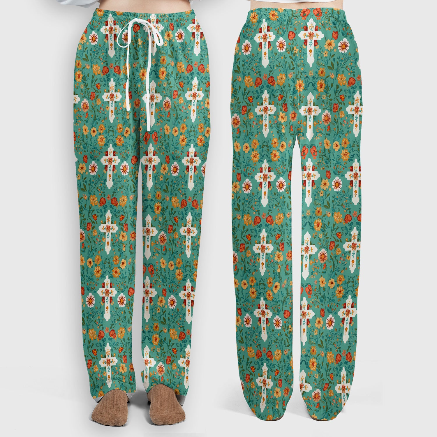 Christian Faith Floral Cross Pattern Scrub Set, Scrub Pants and V Neck Top