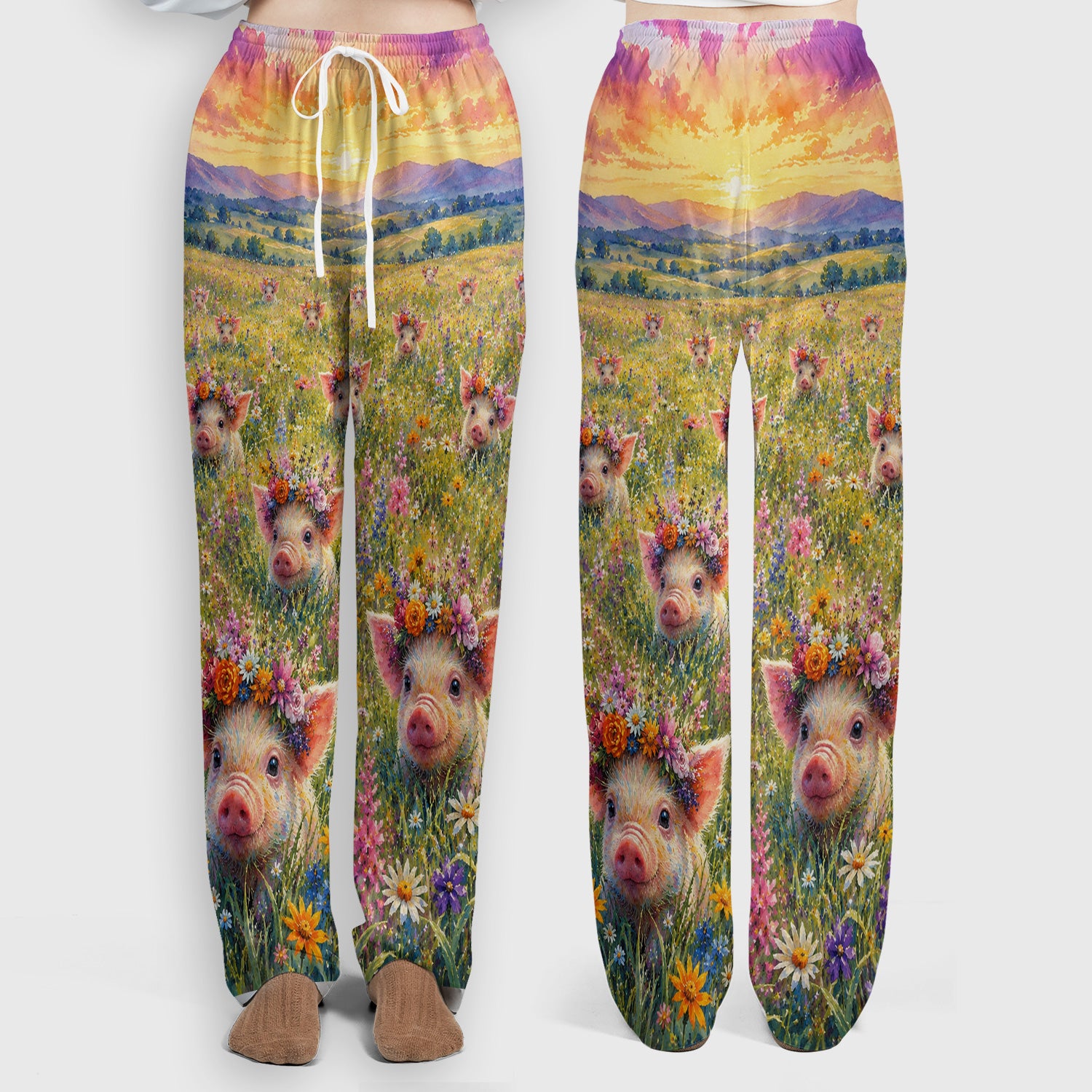 Cute Floral Piglet Pediatric Pattern Scrub Set, Scrub Pants and V Neck Top