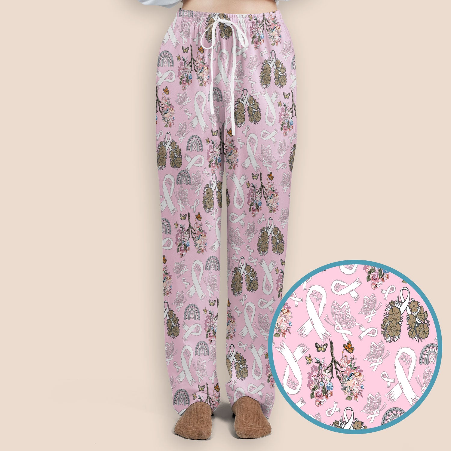 Lung Cancer Awareness Scrub Sets for Nurse - White Ribbon Butterfly Floral Scrub Pants and V Neck Top - Breathable Med Uniform for Women