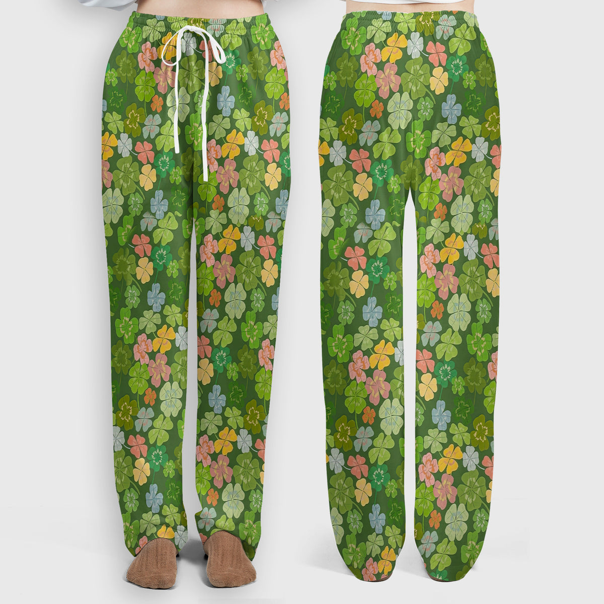 Colorful Shamrock Clover Pattern Scrubs Sets, Scrub Pants and V Neck Top