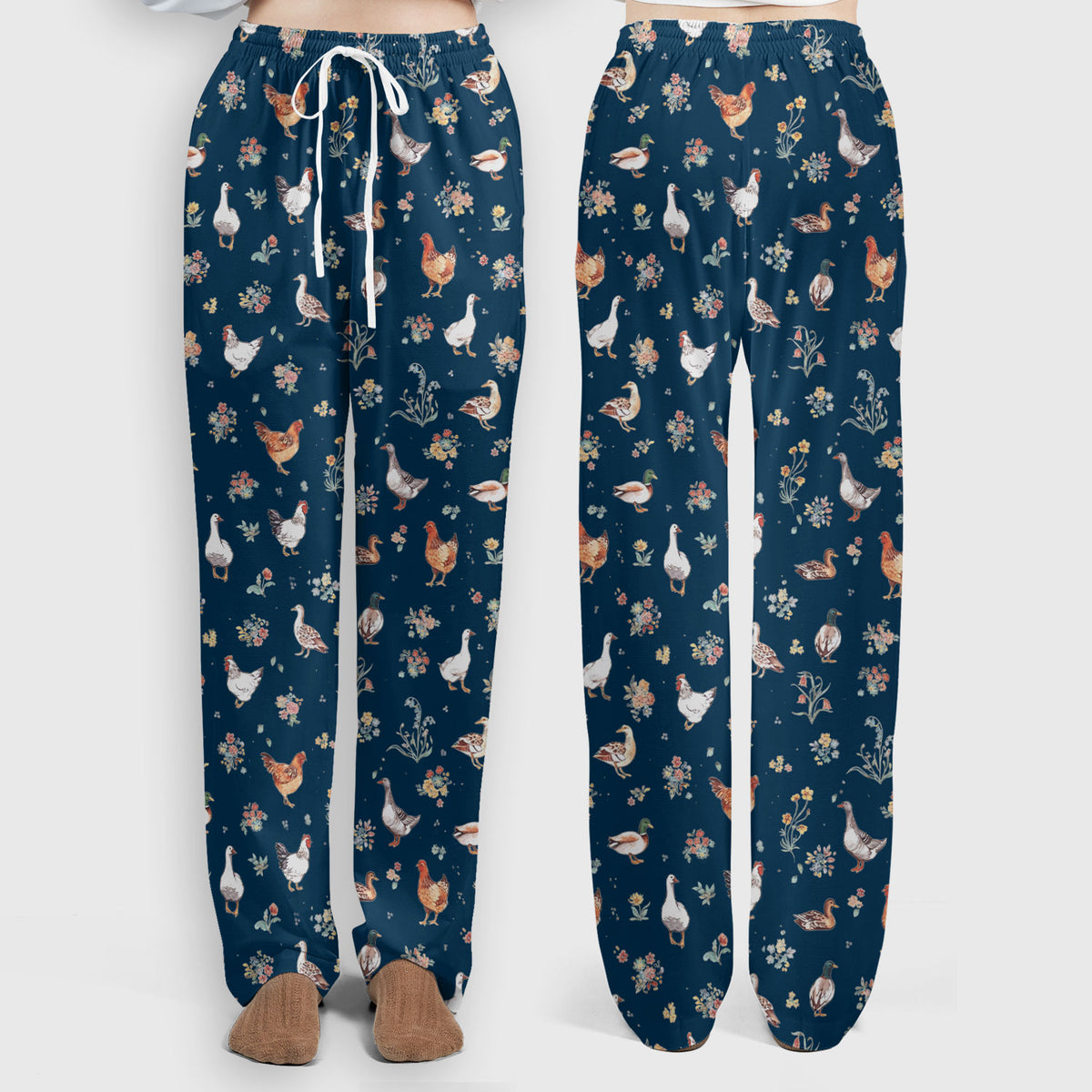 Farm Chicken Duck Floral Pattern Scrubs Sets, Scrub Pants and V Neck Top