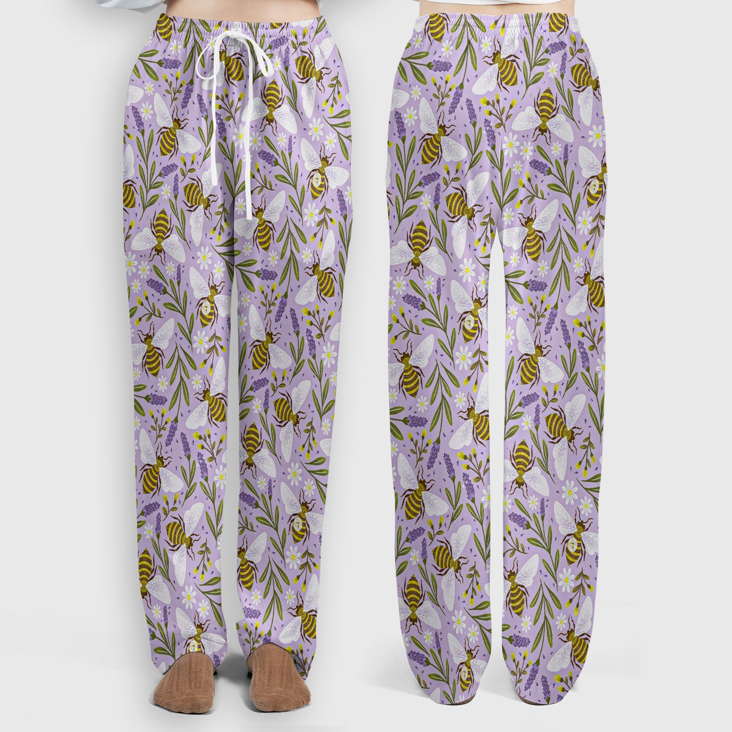 Cute Lavender Bee Floral Pattern Scrub Set, Scrub Pants and V Neck Top