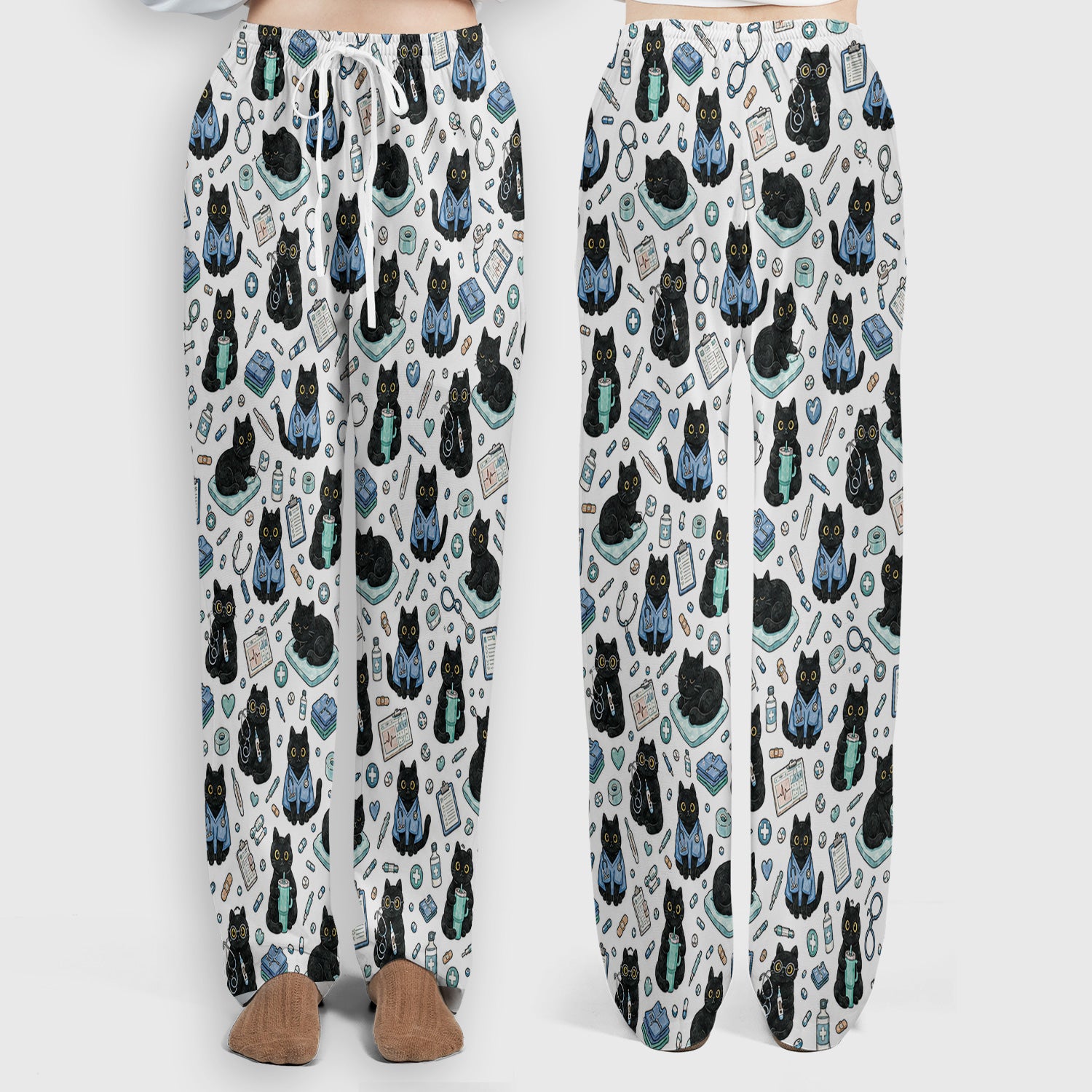 Black Cat Clinic Scrub Set, Scrub Pants and V Neck Top
