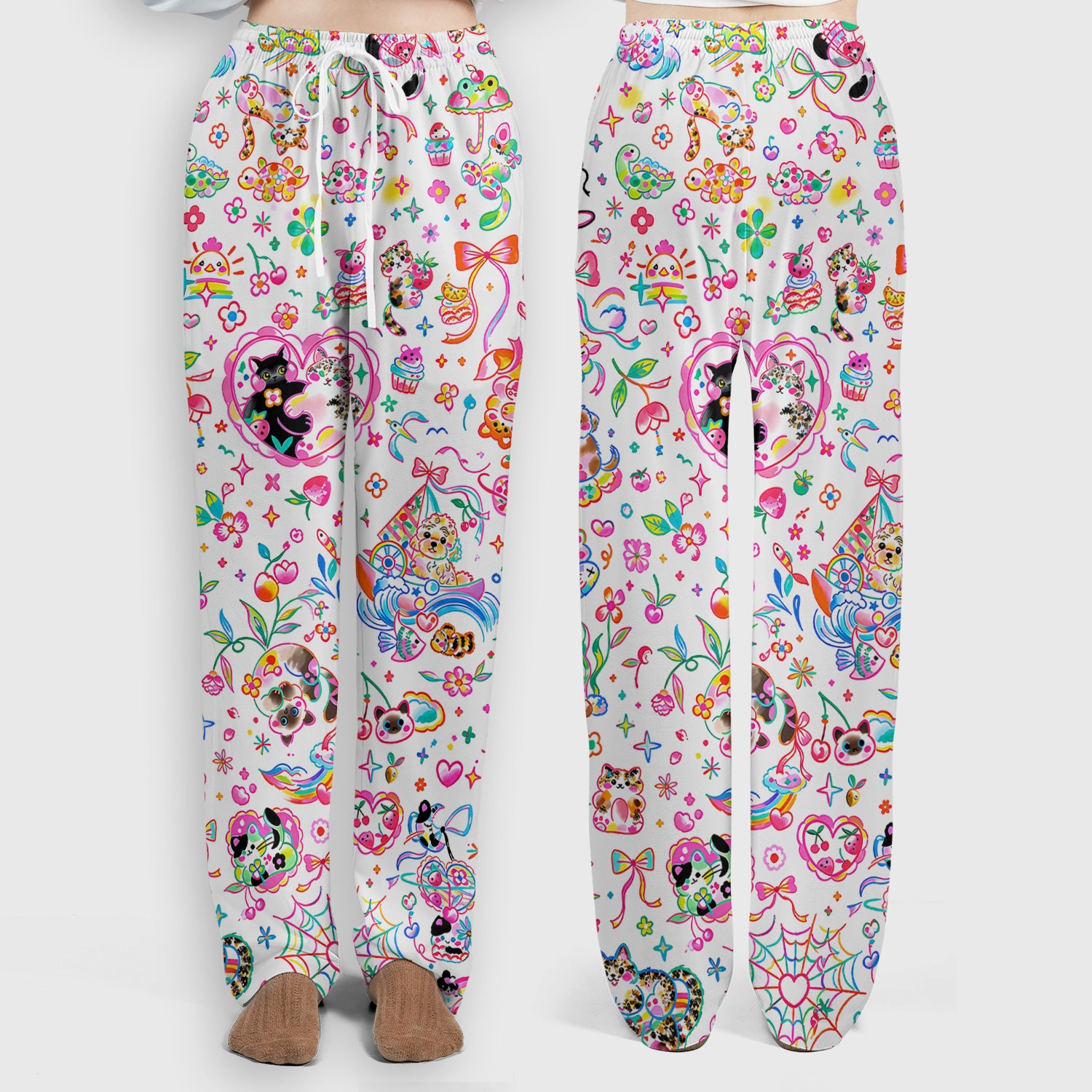 Colorful Kawaii Cat Heart Doodle Pattern Scrub Set, Scrub Pants and V Neck Top