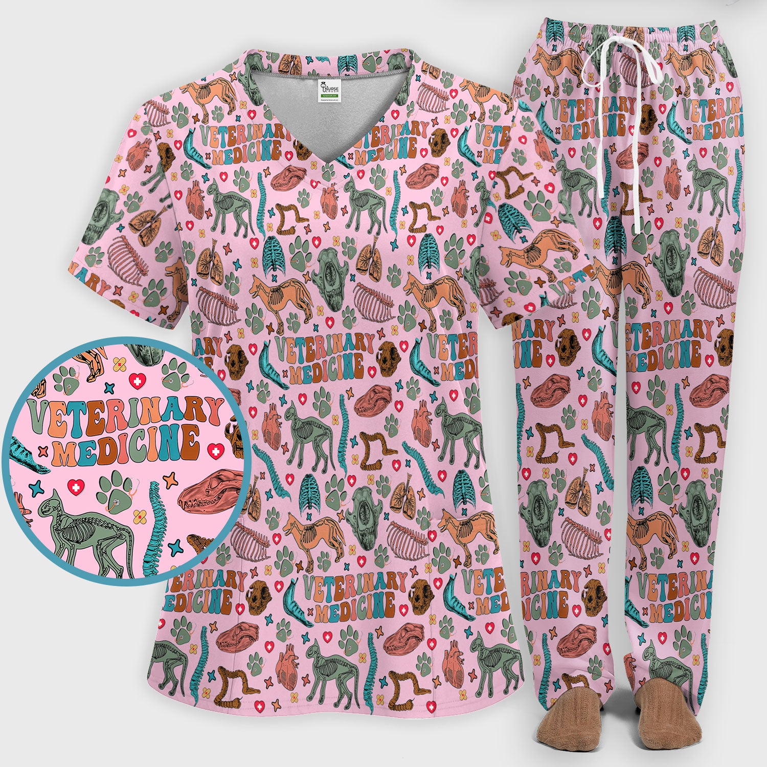 Veterinary Medicine Scrub Set - Cute Animal Anatomy Scrubs Pants and V Neck Top - Fun Vet Tech Nurse Uniform for Women