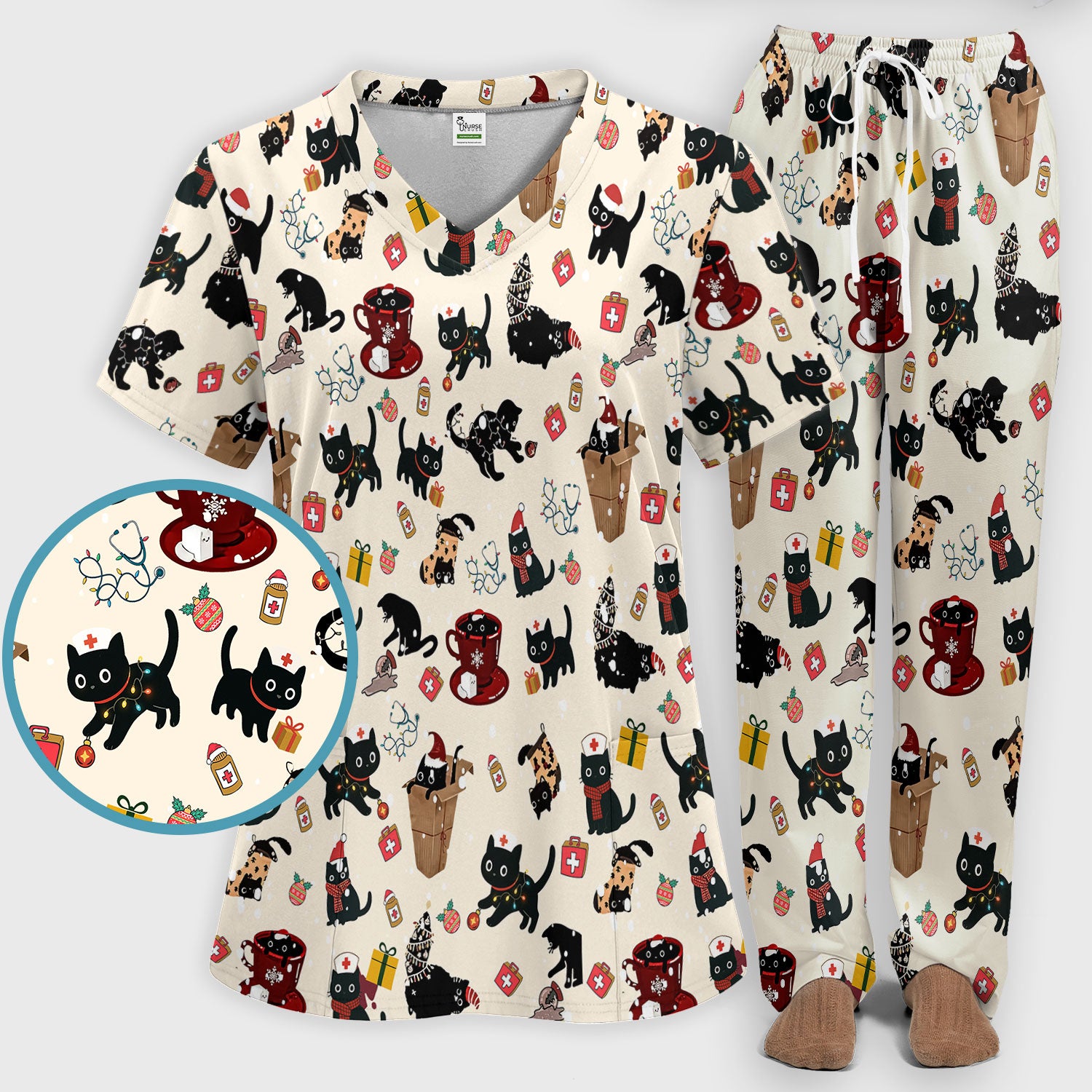 Funny Cat Scrub Sets for Women - Christmas Black Cats Pants and V Neck Top - Breathable Fabrics Nursing Uniform