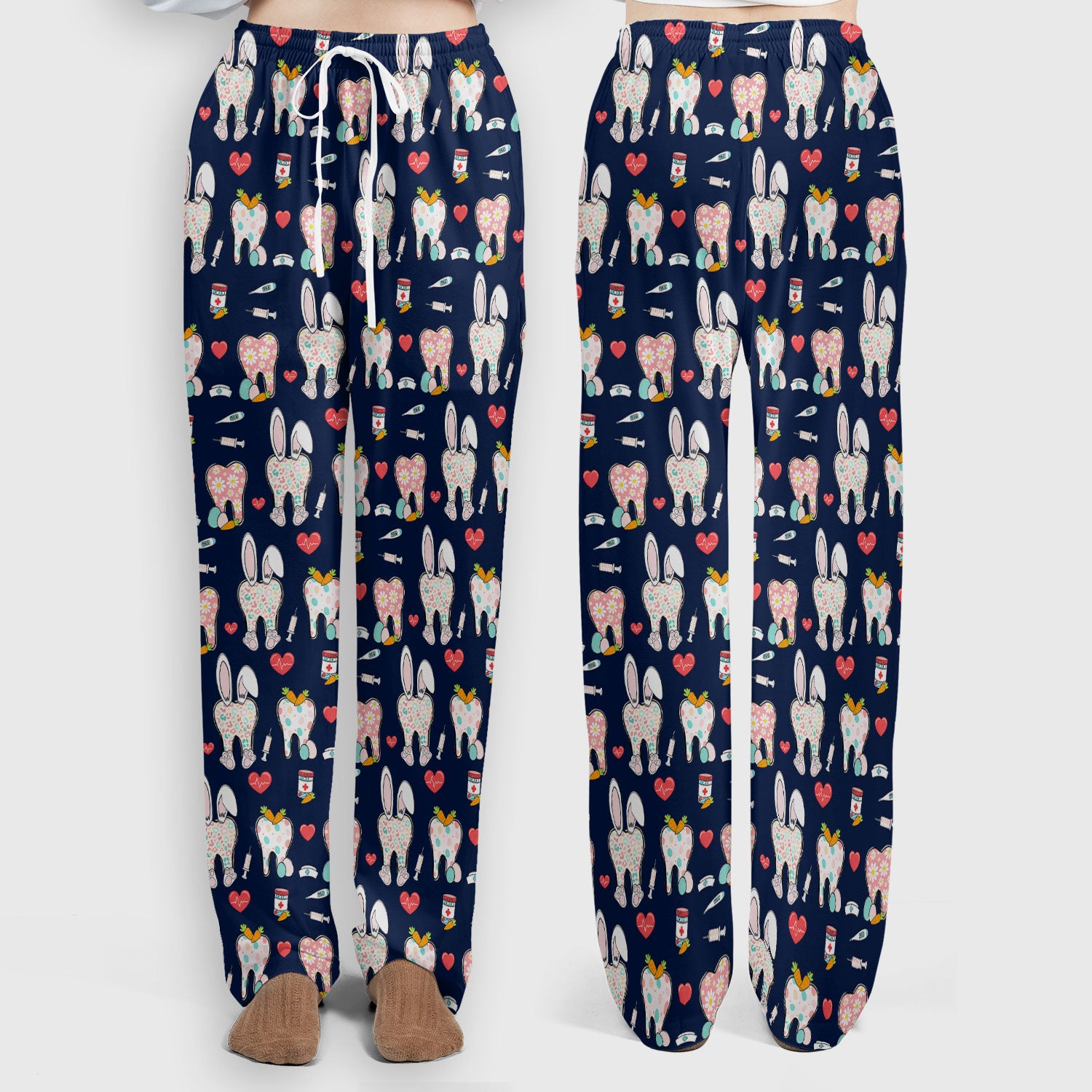 Playful Bunny Dentist Illustration Medical Set, Scrub Pants and V Neck Top