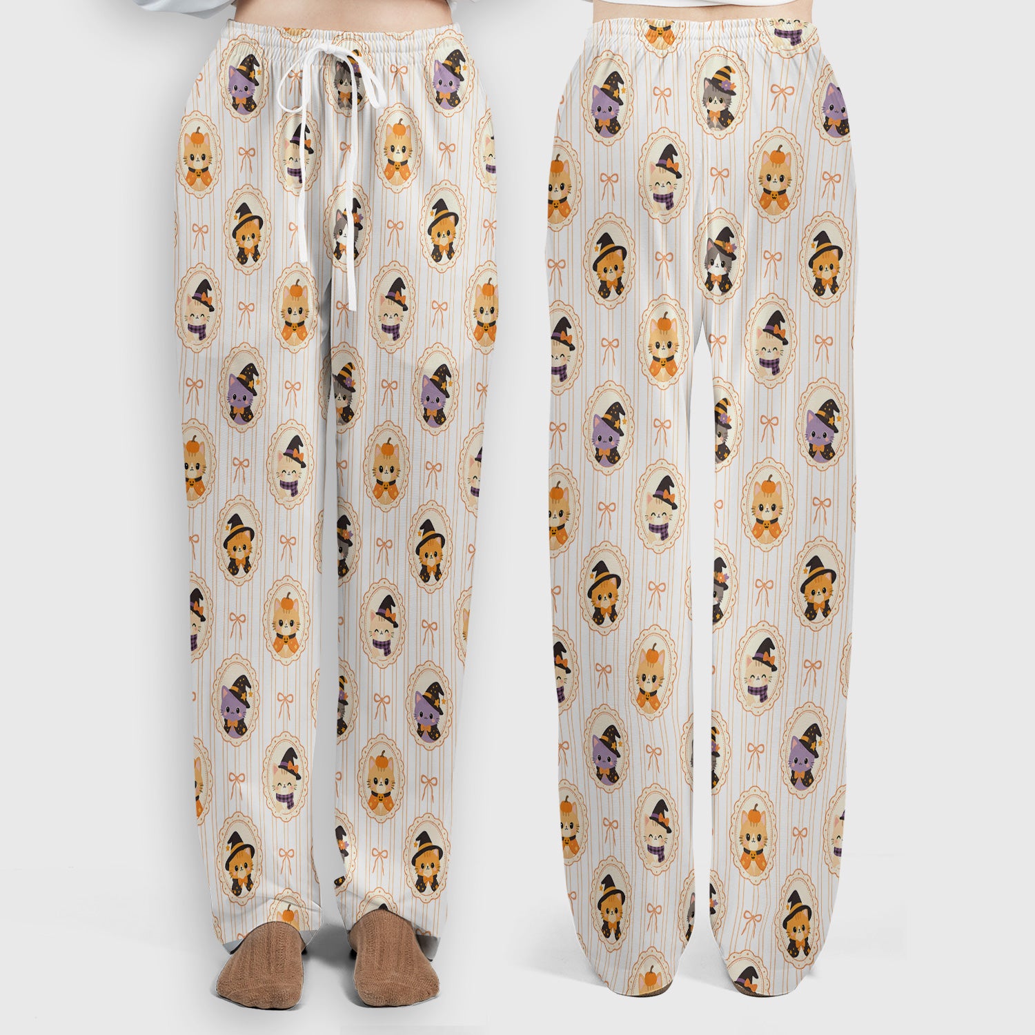 Cute Halloween Cat Stripe Pattern Scrub Set, Scrub Pants and V Neck Top