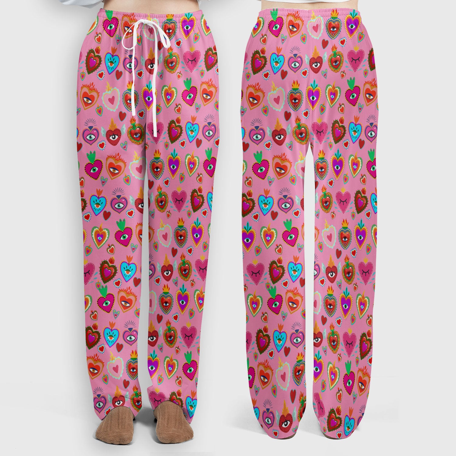 Valentine Colorful Sacred Heart Print Women's Scrub Set, Scrub Pants and V Neck Top