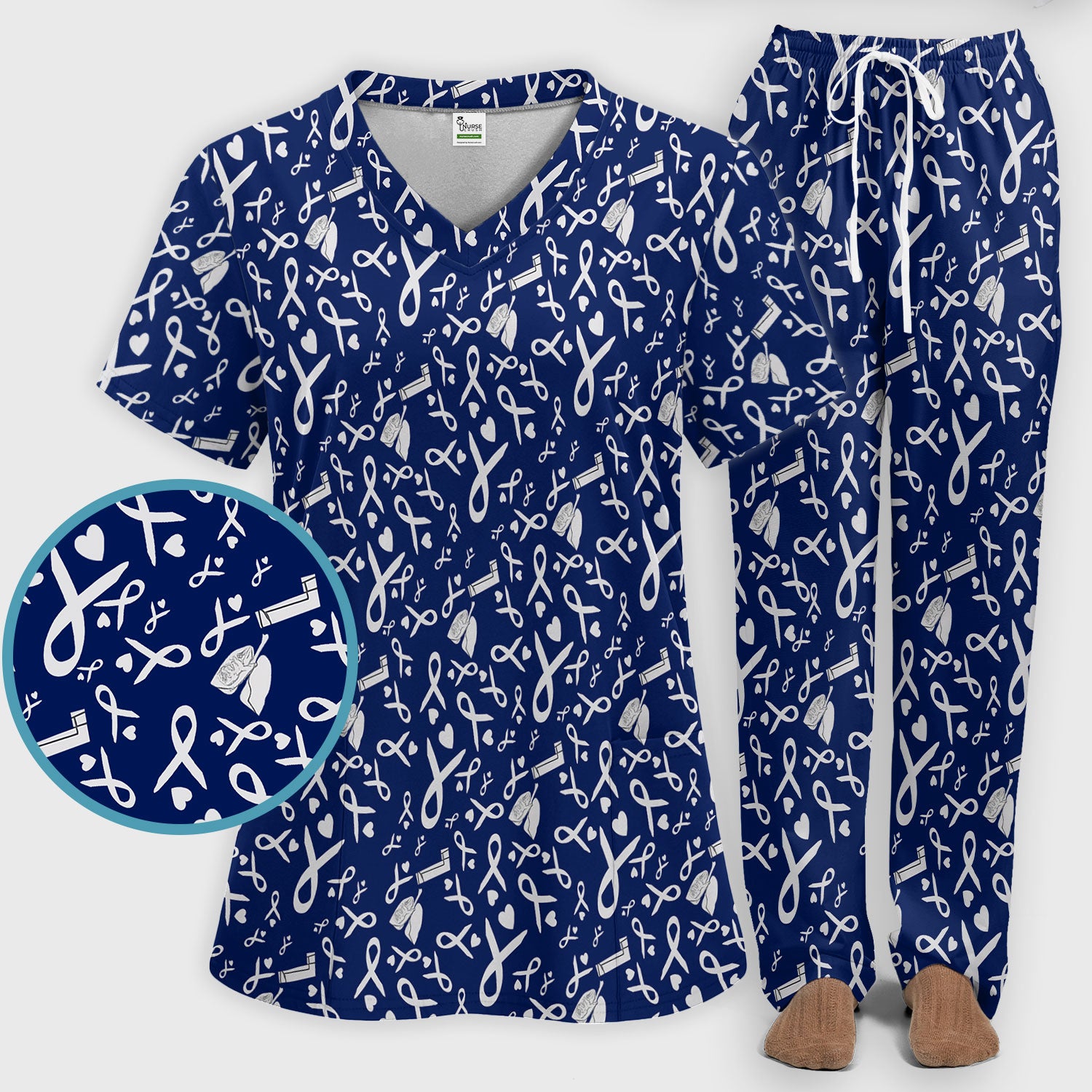 Lung Cancer Awareness Scrub Set for Women - Gray Ribbon Inhaler and Lungs Scrubs Pants and V Neck Top - COPD Asthma Med Uniform