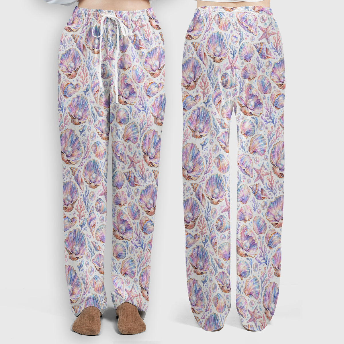 Pastel Seashell And Pearl Pattern Scrub Set, Scrub Pants and V Neck Top