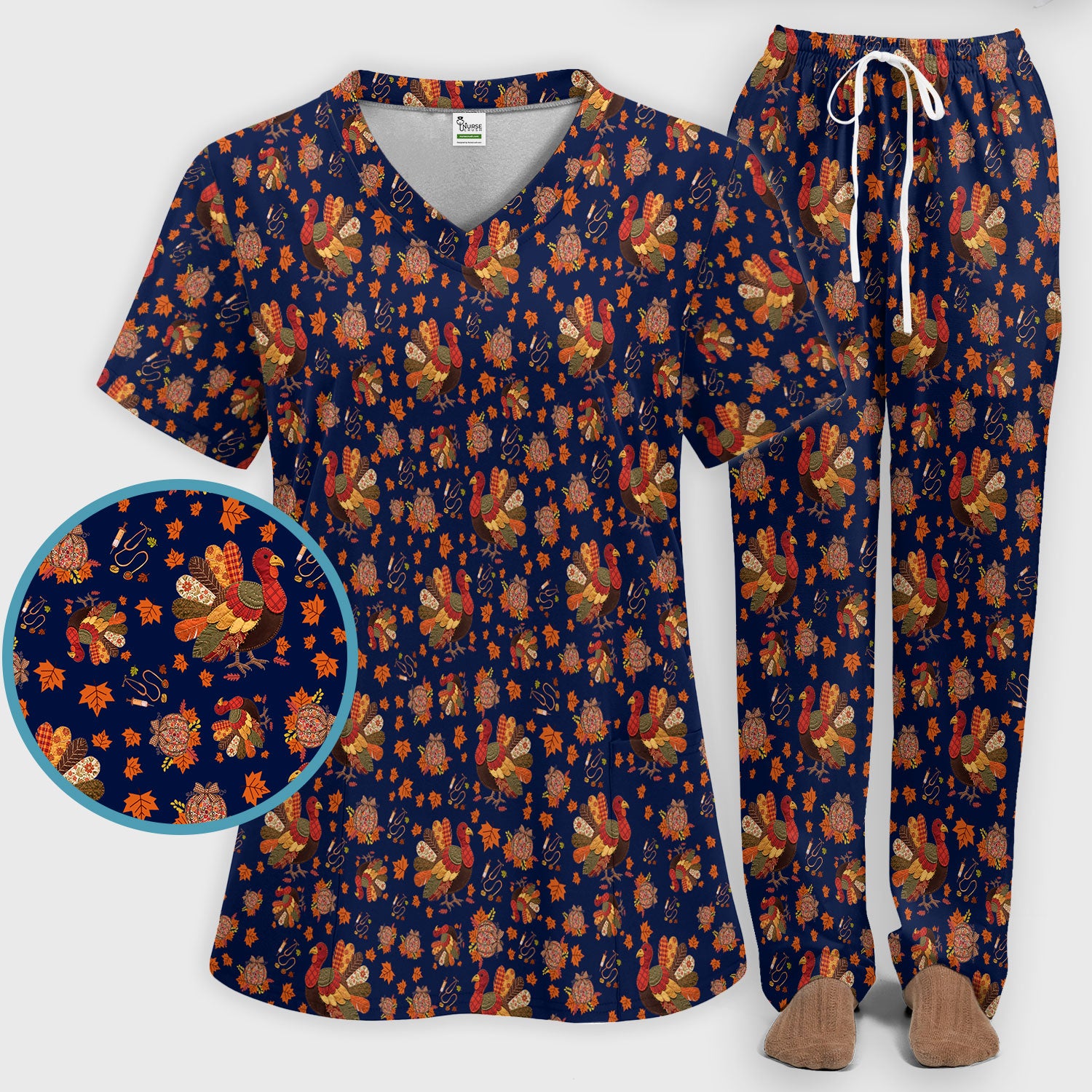 Fall Leaves Thanksgiving Women's Scrub Set - Comfortable Scrub Pants and V Neck Top - Funny Turkey Nursing Uniform