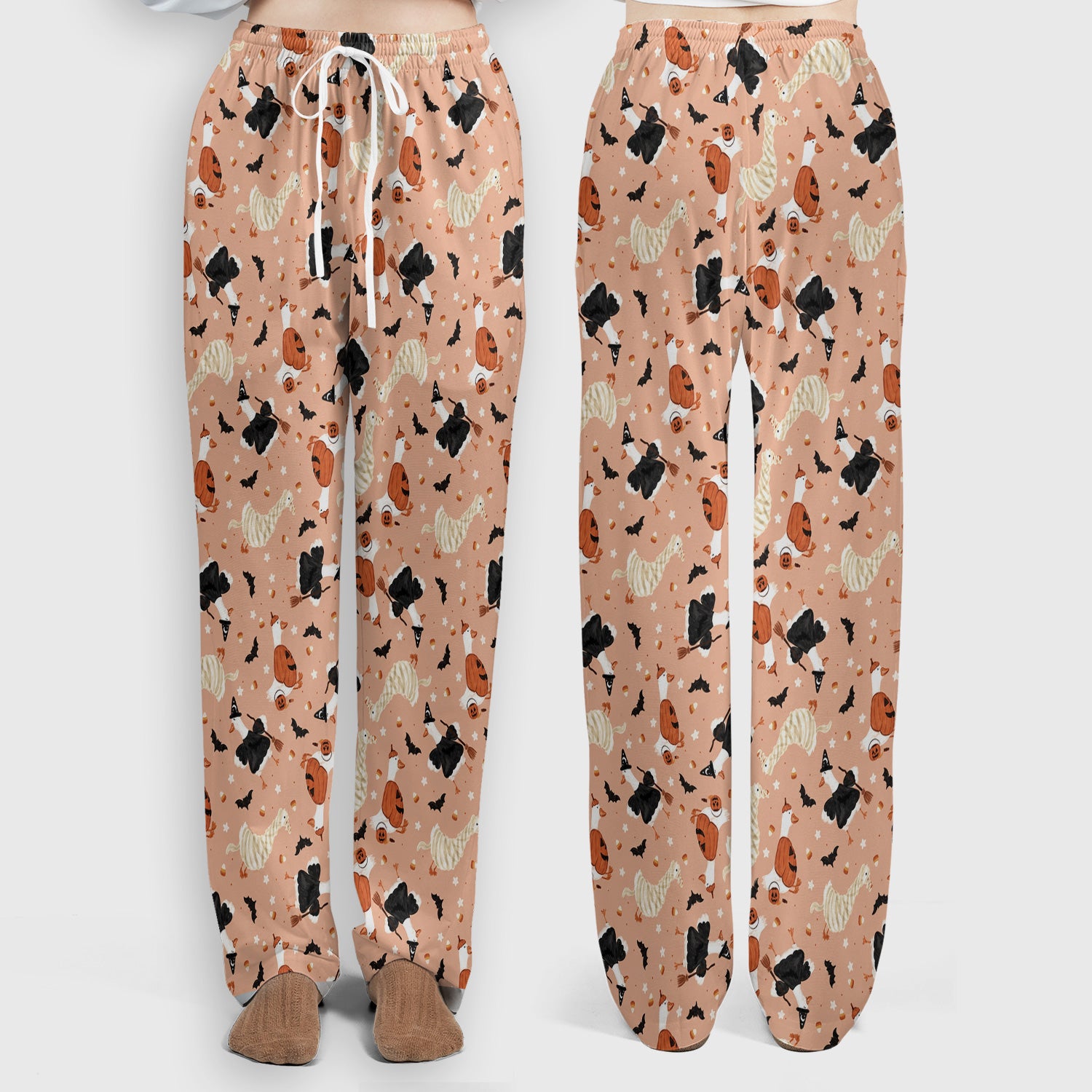 Halloween Goose with Pumpkin Bat Pattern Scrub Set, Scrub Pants and V Neck Top