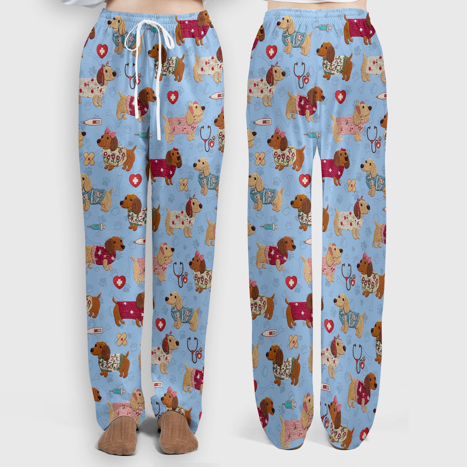 Cute Medical Wiener Dog Pattern Nurse Shirt, Dachshund Nursing Scrub Set, Breathable Fabrics Nursing Uniform