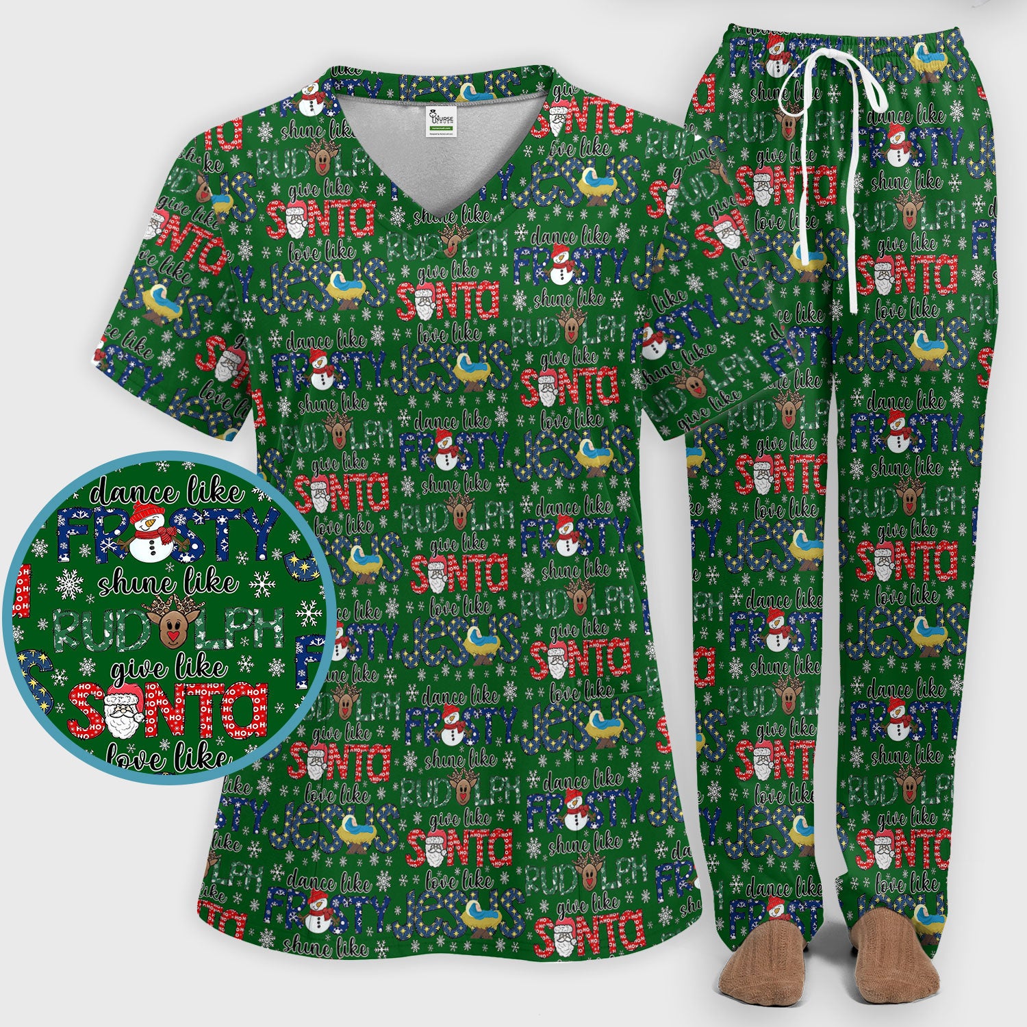 Xmas Rudolph Comfortable Scrub Set for Nurses - God Santa Scrub Pants and V Neck Top - Breathable Med Uniform