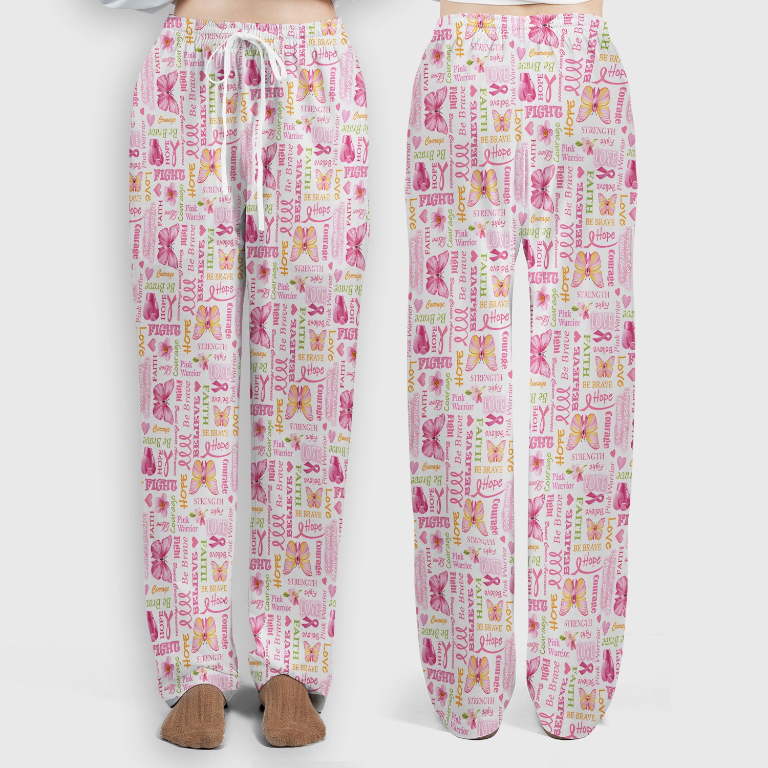 Pink Ribbon Butterfly Print Scrub Set, Scrub Pants and V Neck Top