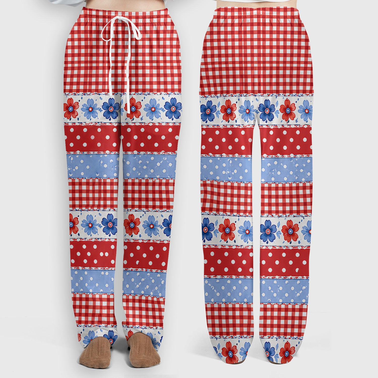 Patriotic Gingham Bow Floral Pattern Scrub Set, Scrub Pants and V Neck Top