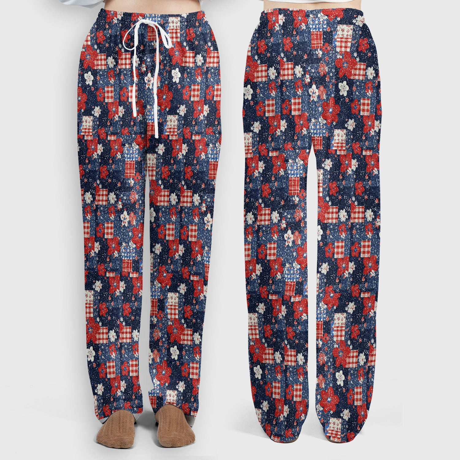 Patriotic Gingham Floral Patchwork Pattern Scrub Set, Scrub Pants and V Neck Top